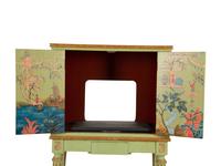 A Louis XVI Style Painted and Parcel Gilt Chinoiserie Decorated Cabinet on Stand