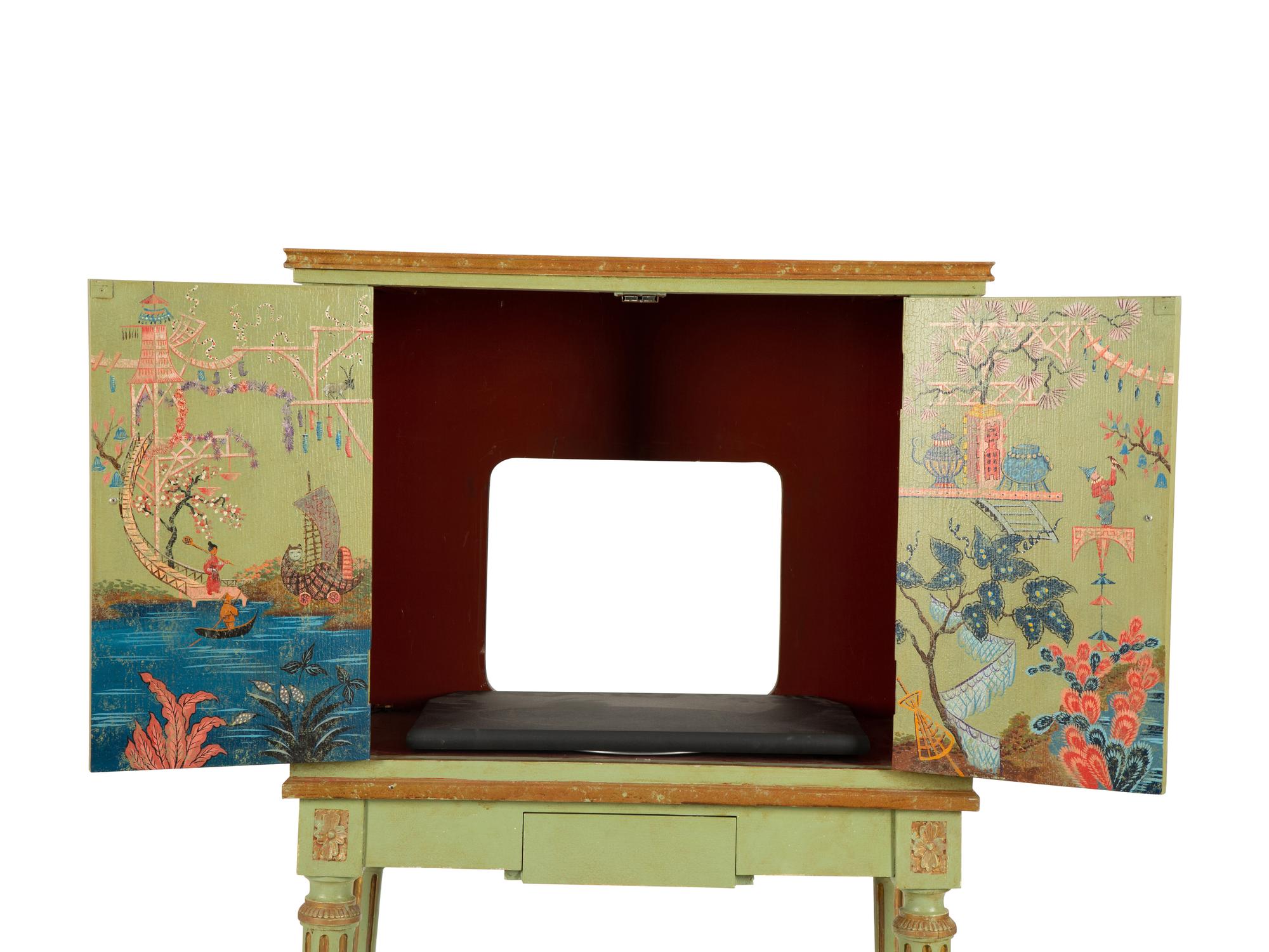A Louis XVI Style Painted and Parcel Gilt Chinoiserie Decorated Cabinet on Stand