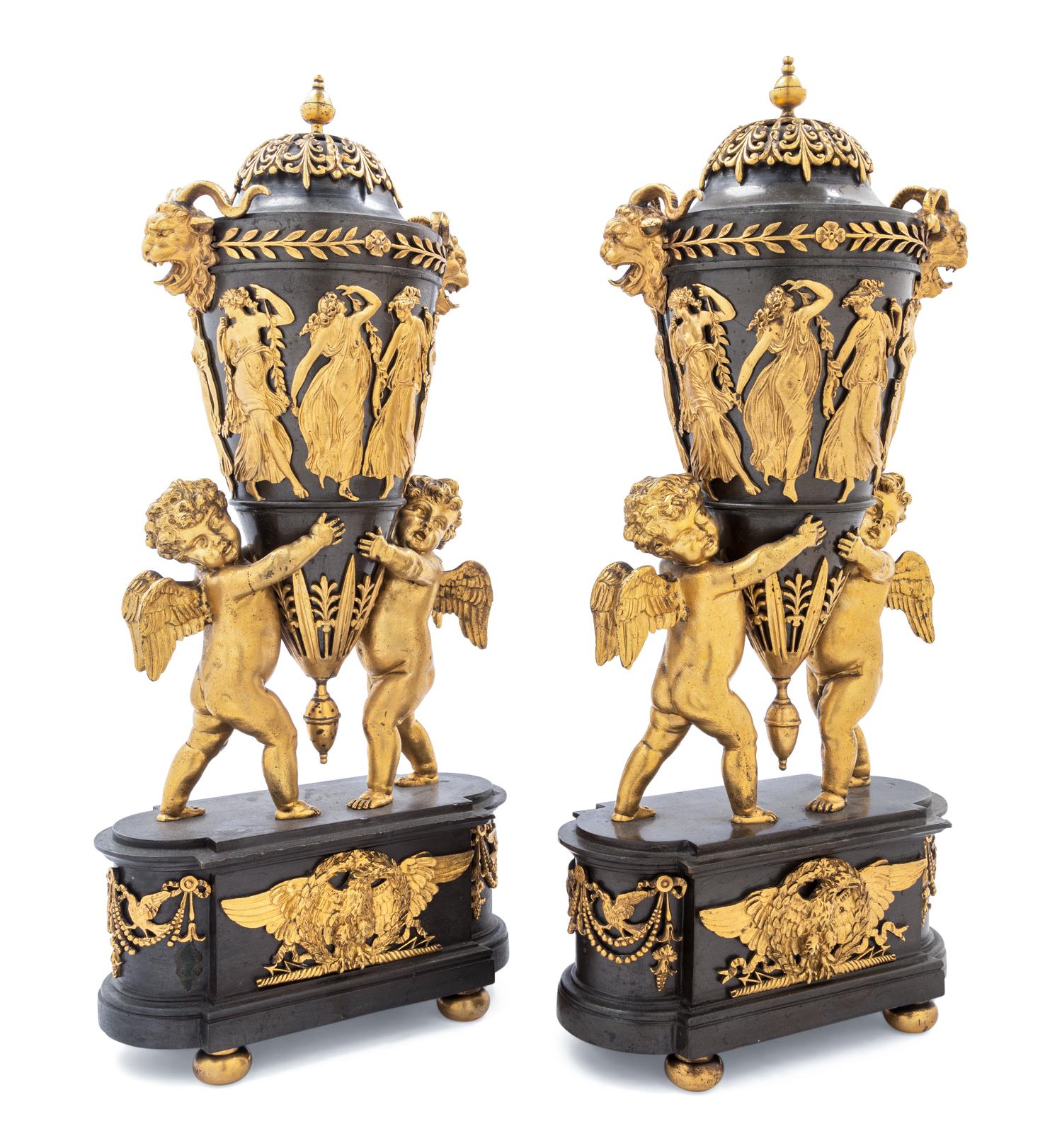 A Pair of Directoire Revival Gilt and Patinated Bronze Urn Ornaments