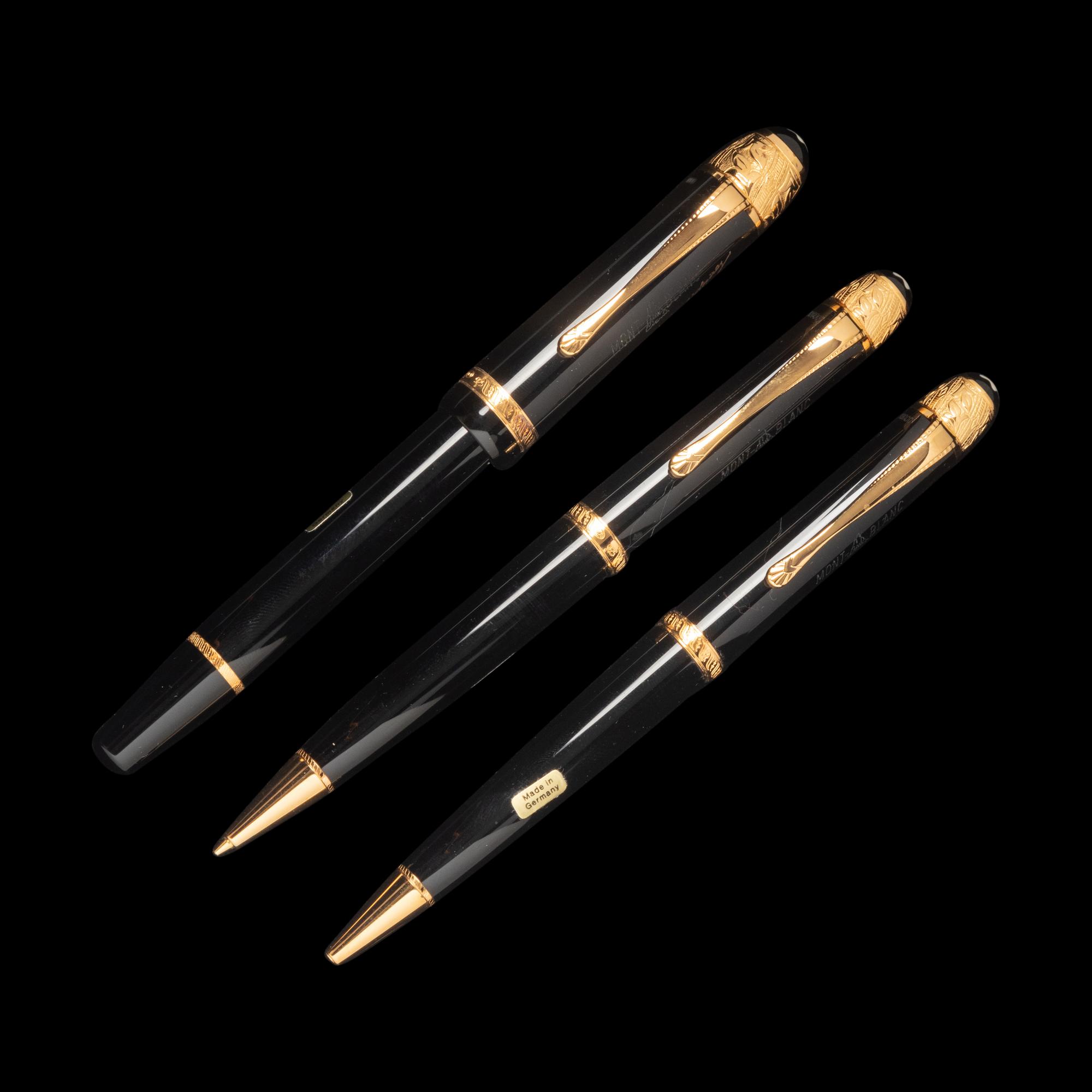 A Montblanc Limited Edition Voltaire Fountain Pen, Rollerball Pen and Mechanical Pencil Set