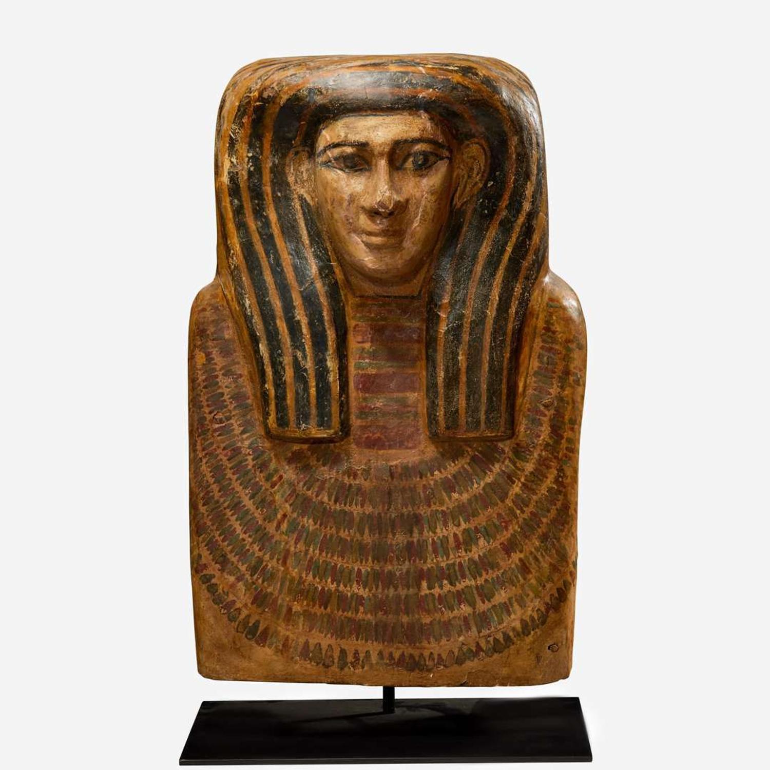 An Ancient Egyptian wooden sarcophagus front Late Period, circa 664-332 B.C.