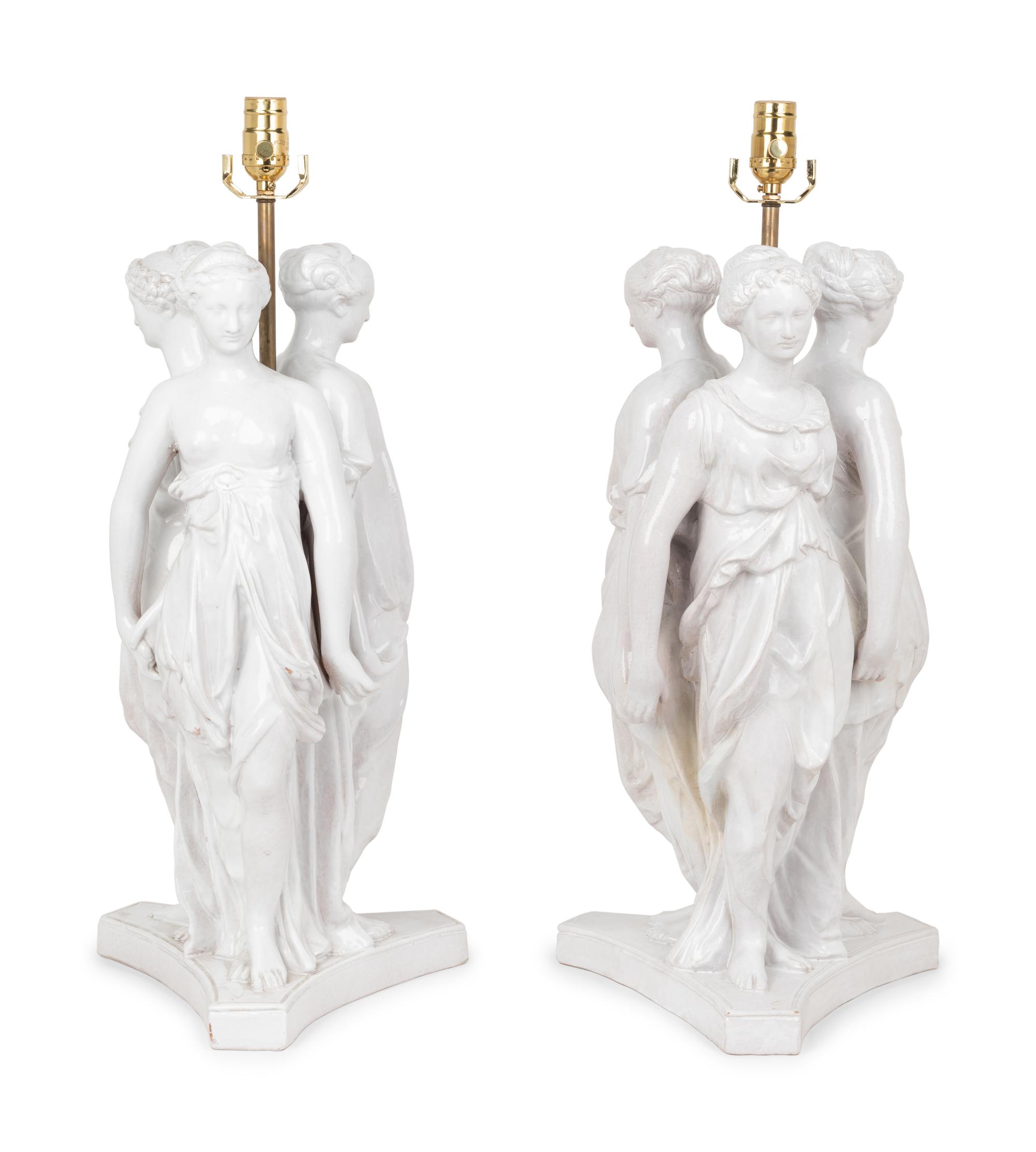 A Pair of Italian White Glazed Pottery Figural Groups After Antonio Canova Mounted as Lamps