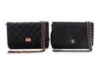 Two Chanel Black Quilted Leather Wallet Bags, 2006-2009