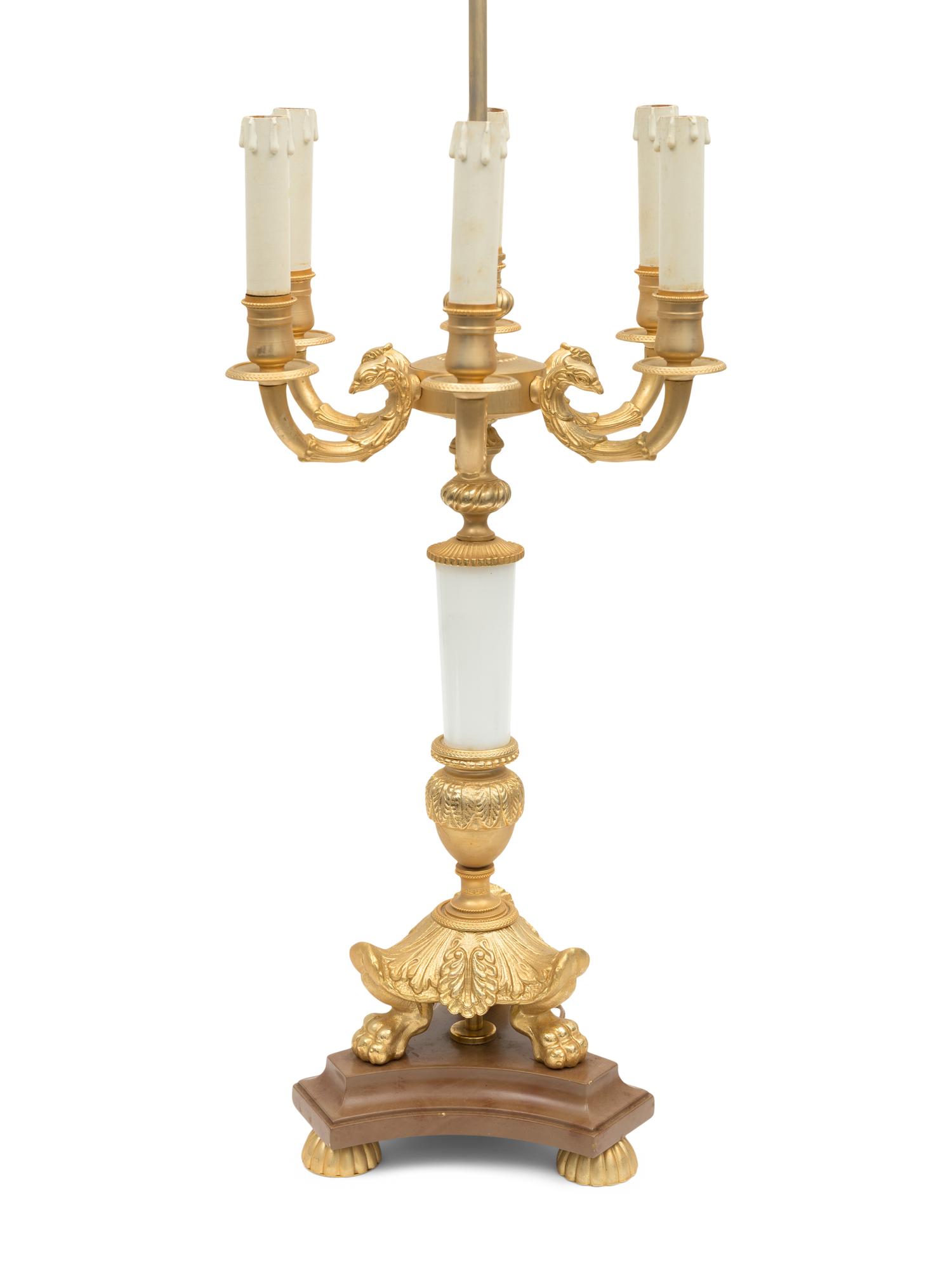 A Pair of Large Gilt Metal and Marble Six-Light Candelabra