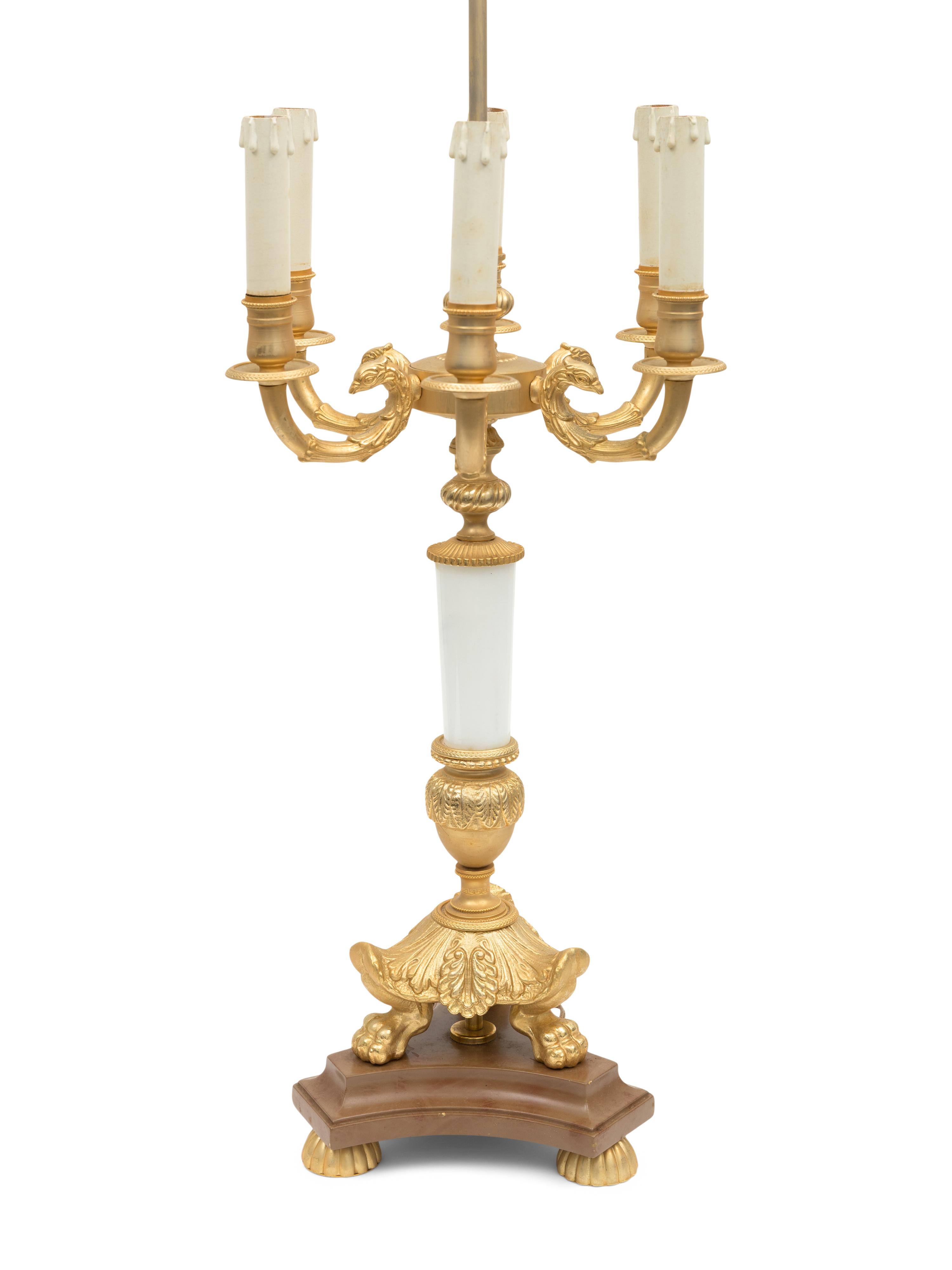 A Pair of Large Gilt Metal and Marble Six-Light Candelabra