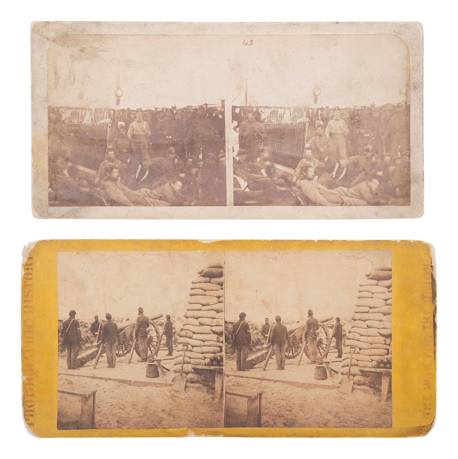 [CIVIL WAR] 2 stereoviews, incl. Battery Swamp Angel on Morris Island, SC & 7th NY at Camp Cameron.