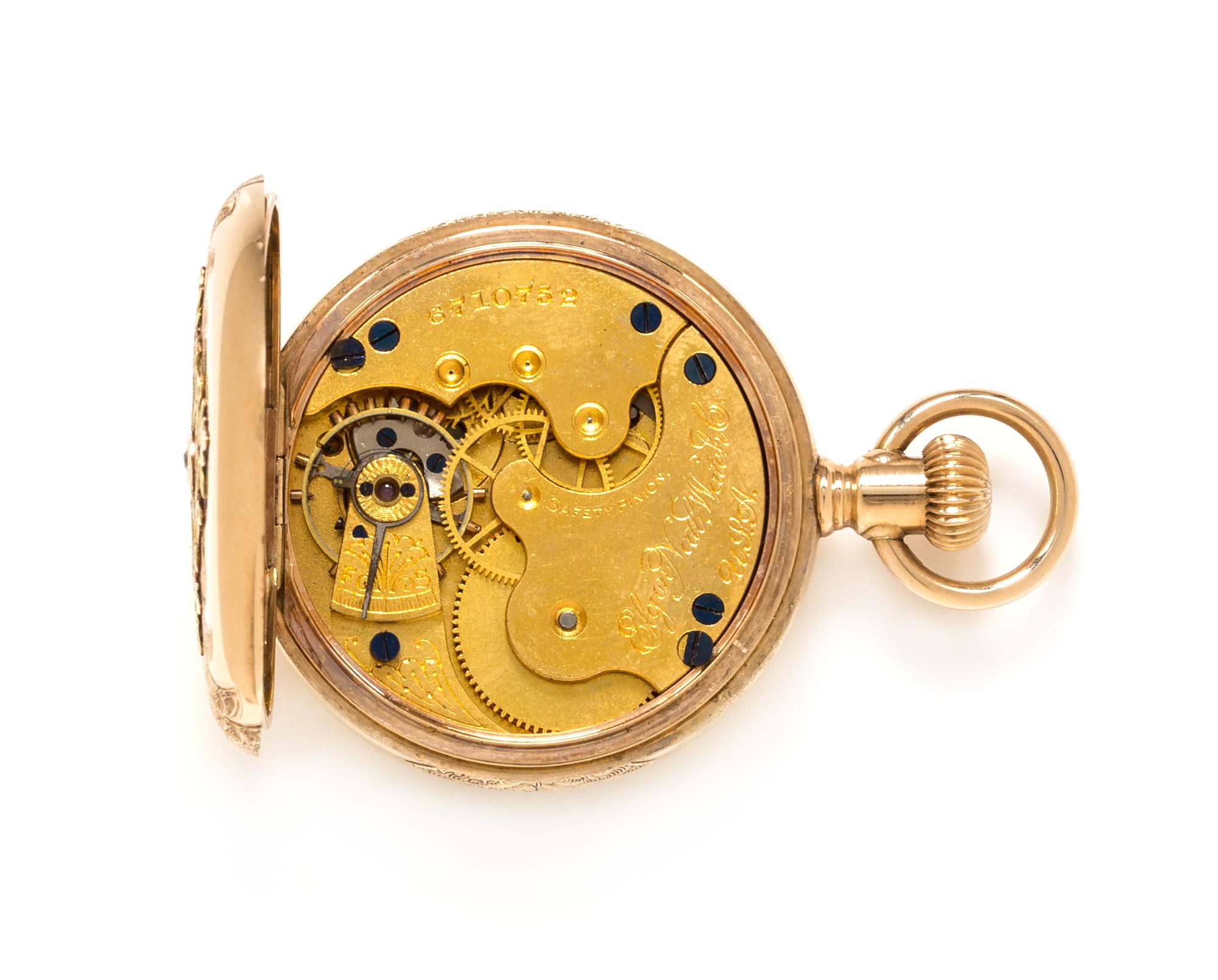 A 14 Karat Tricolor Gold and Diamond Hunter Case Pocket Watch, Elgin, Circa 1897, 24.15 dwts.