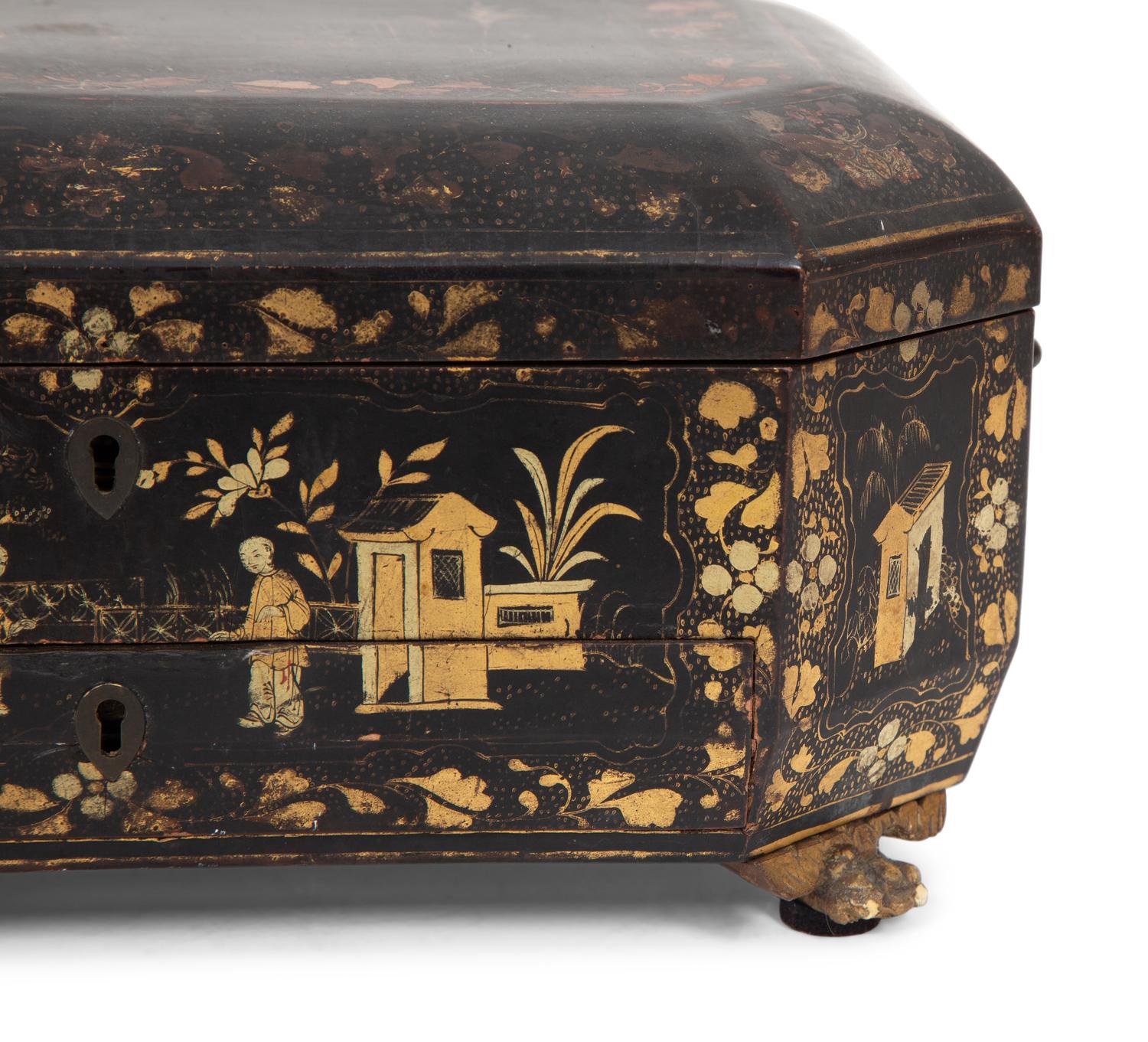 An English Chinoiserie Black and Gilt Lacquer Sewing Box
