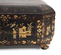 An English Chinoiserie Black and Gilt Lacquer Sewing Box