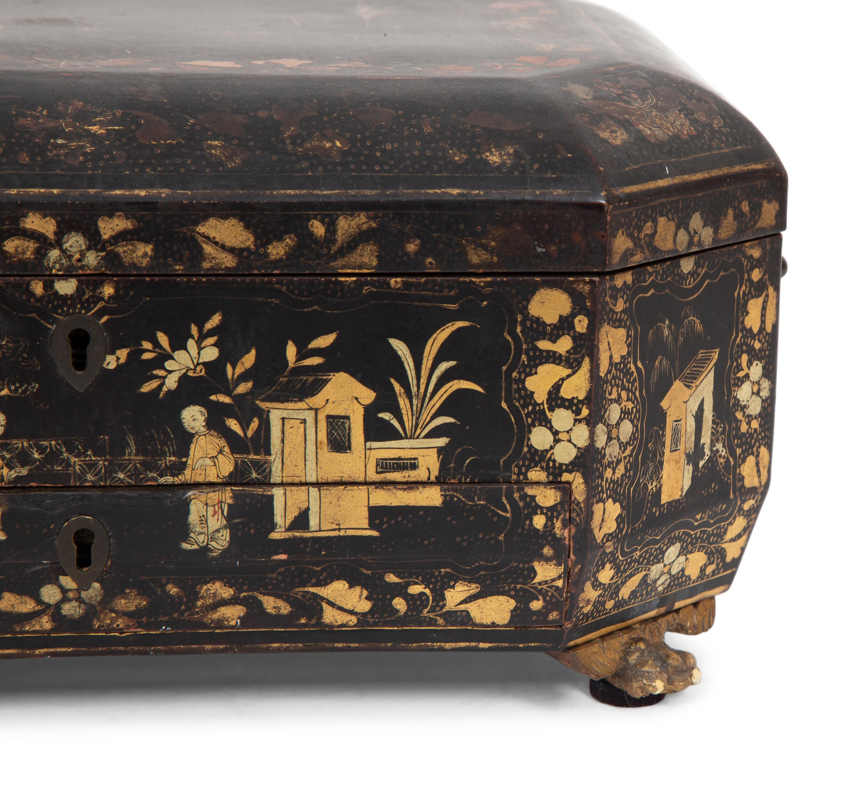 An English Chinoiserie Black and Gilt Lacquer Sewing Box
