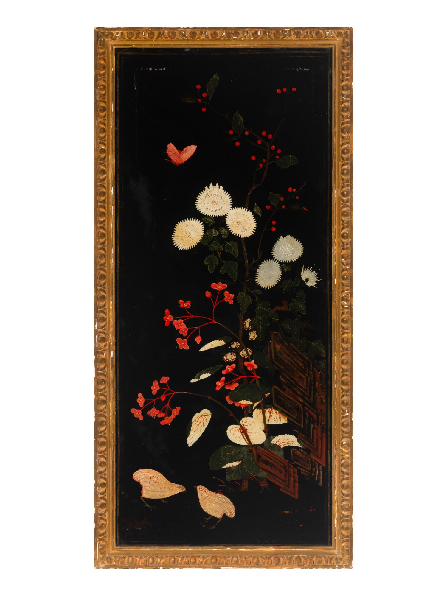 Four Chinese Gilt-Framed Black and Polychrome Lacquer Panels