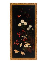 Four Chinese Gilt-Framed Black and Polychrome Lacquer Panels
