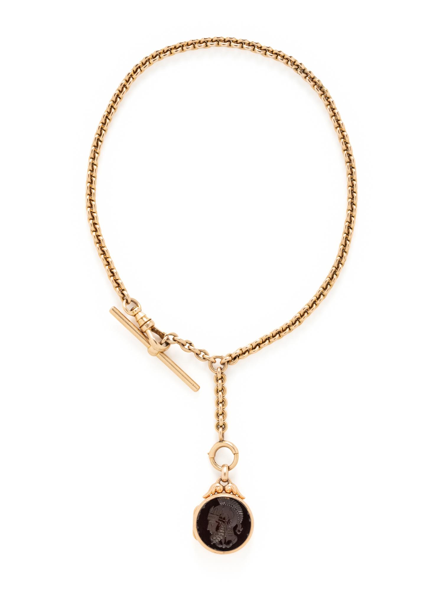 YELLOW GOLD WATCH CHAIN WITH CARNELIAN INTAGLIO AND BLOODSTONE FOB LOCKET