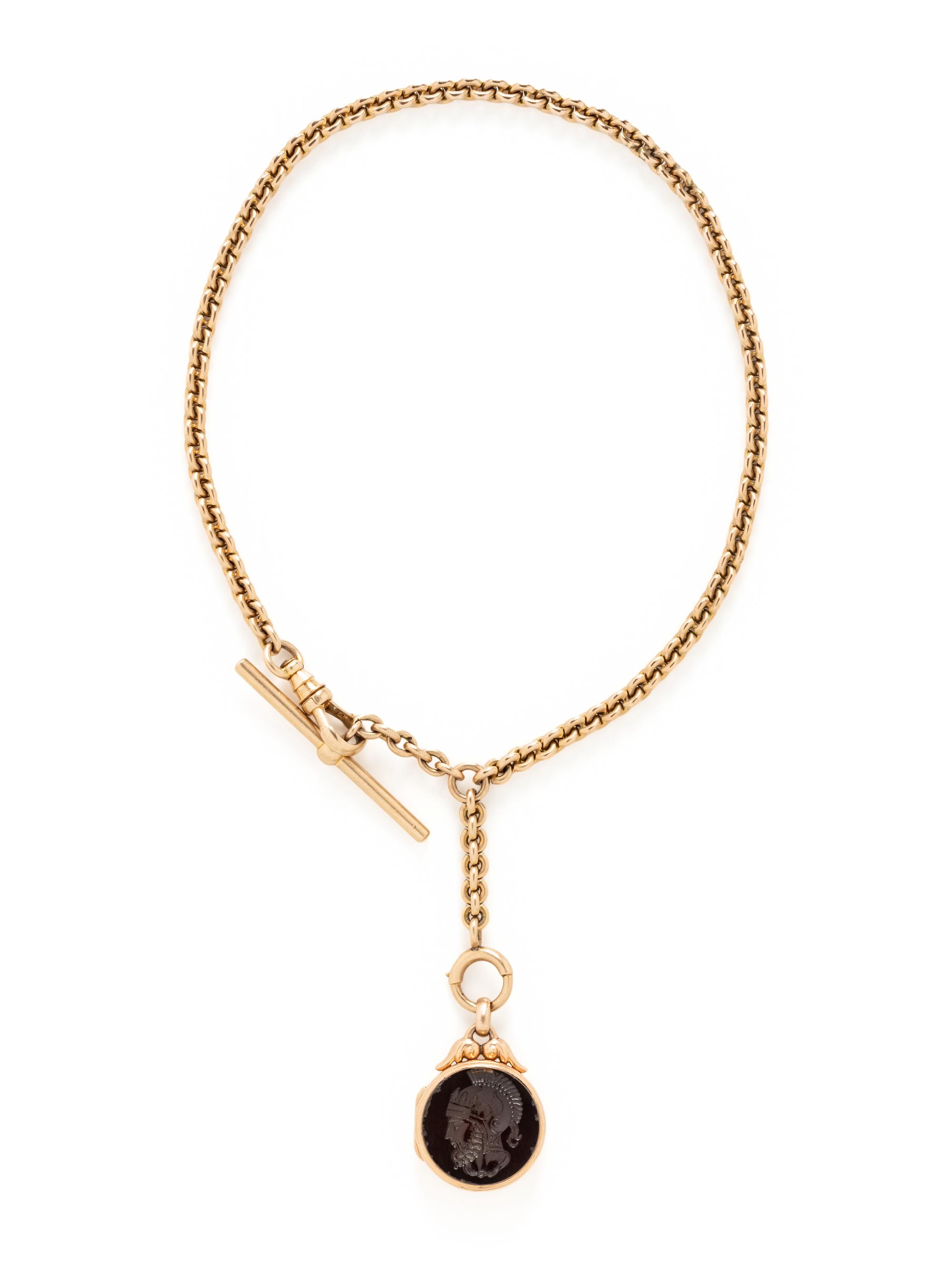 YELLOW GOLD WATCH CHAIN WITH CARNELIAN INTAGLIO AND BLOODSTONE FOB LOCKET