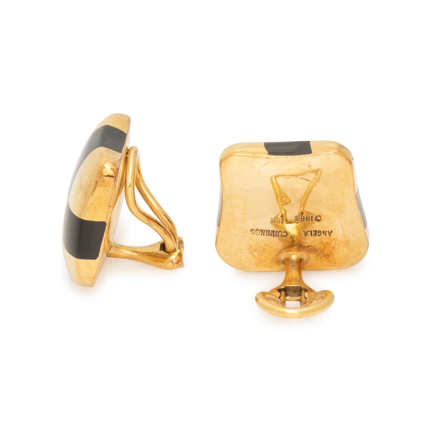 ANGELA CUMMINGS, YELLOW GOLD AND BLACK JADE EARCLIPS