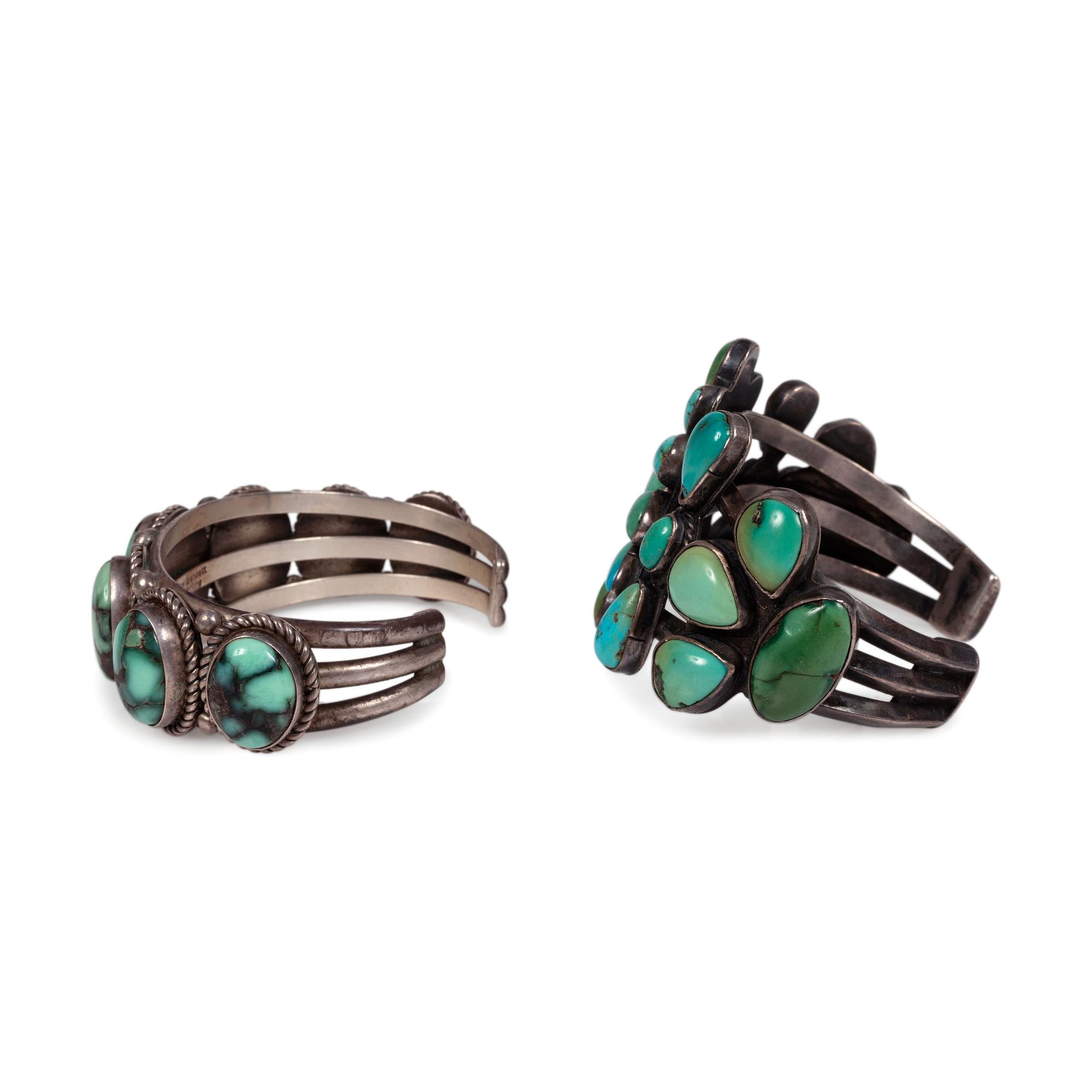 Pair of Navajo Silver and Turquoise Cuff Bracelets