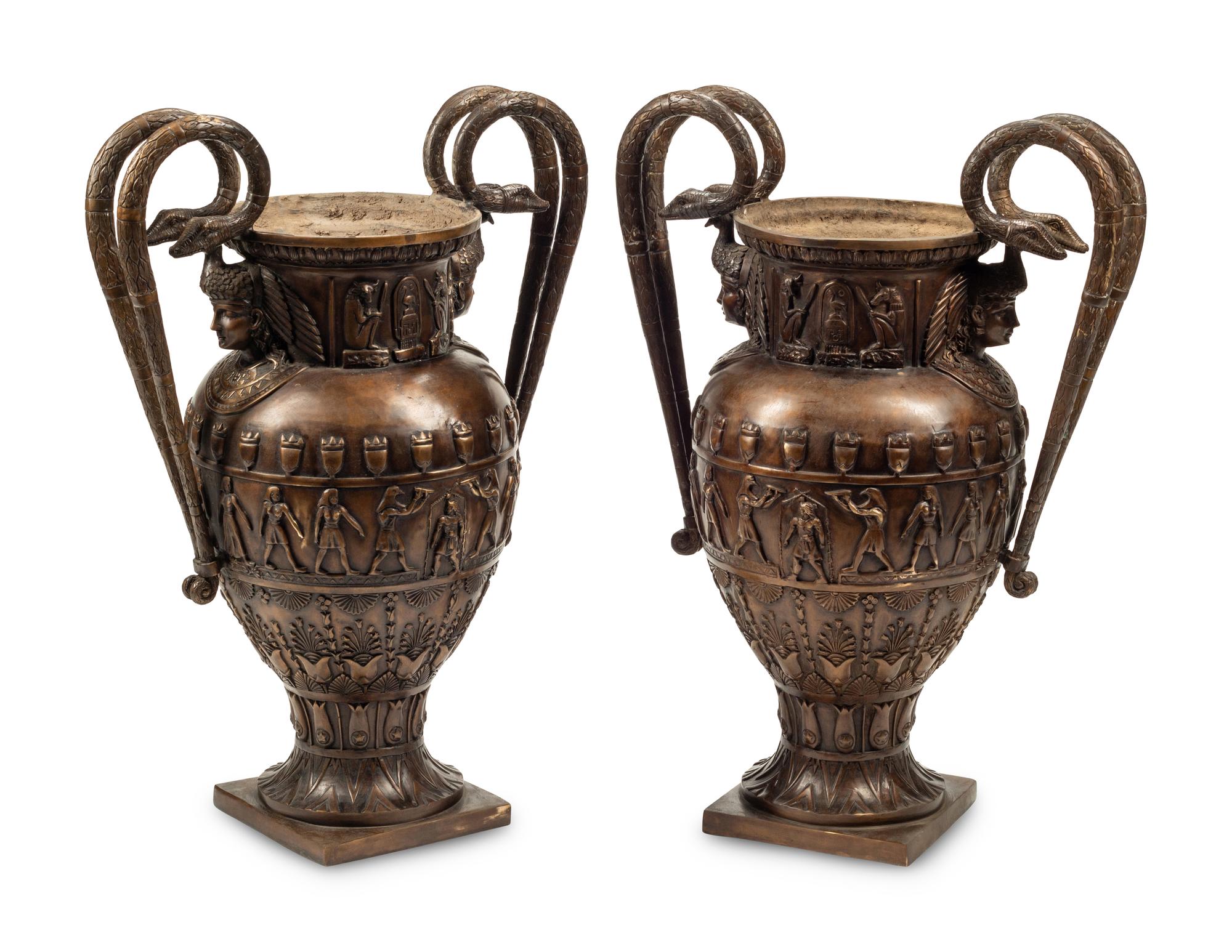 A Pair of Large Egyptian Revival Style Bronze Vases