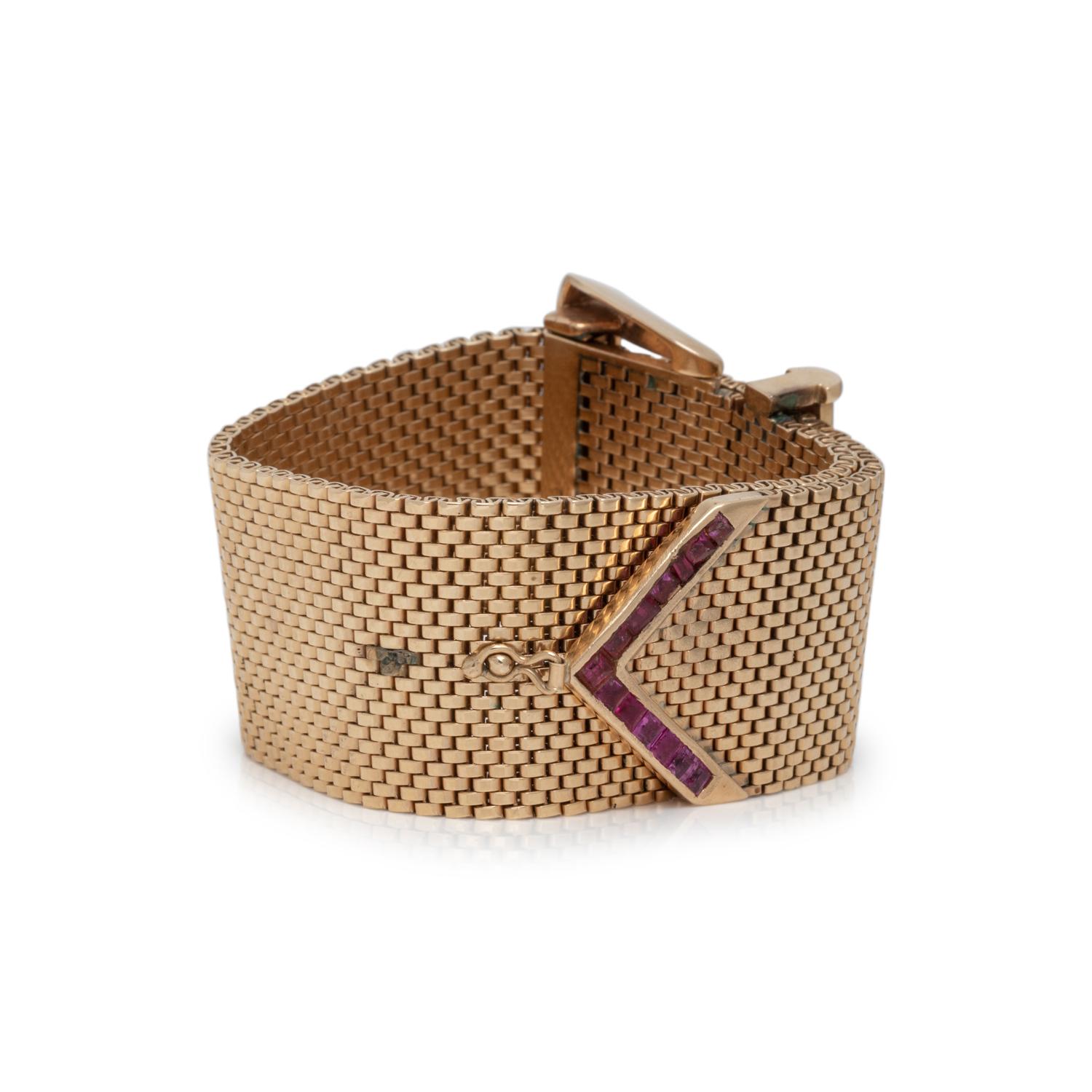 RETRO, YELLOW GOLD, RUBY AND DIAMOND BELT MOTIF BRACELET