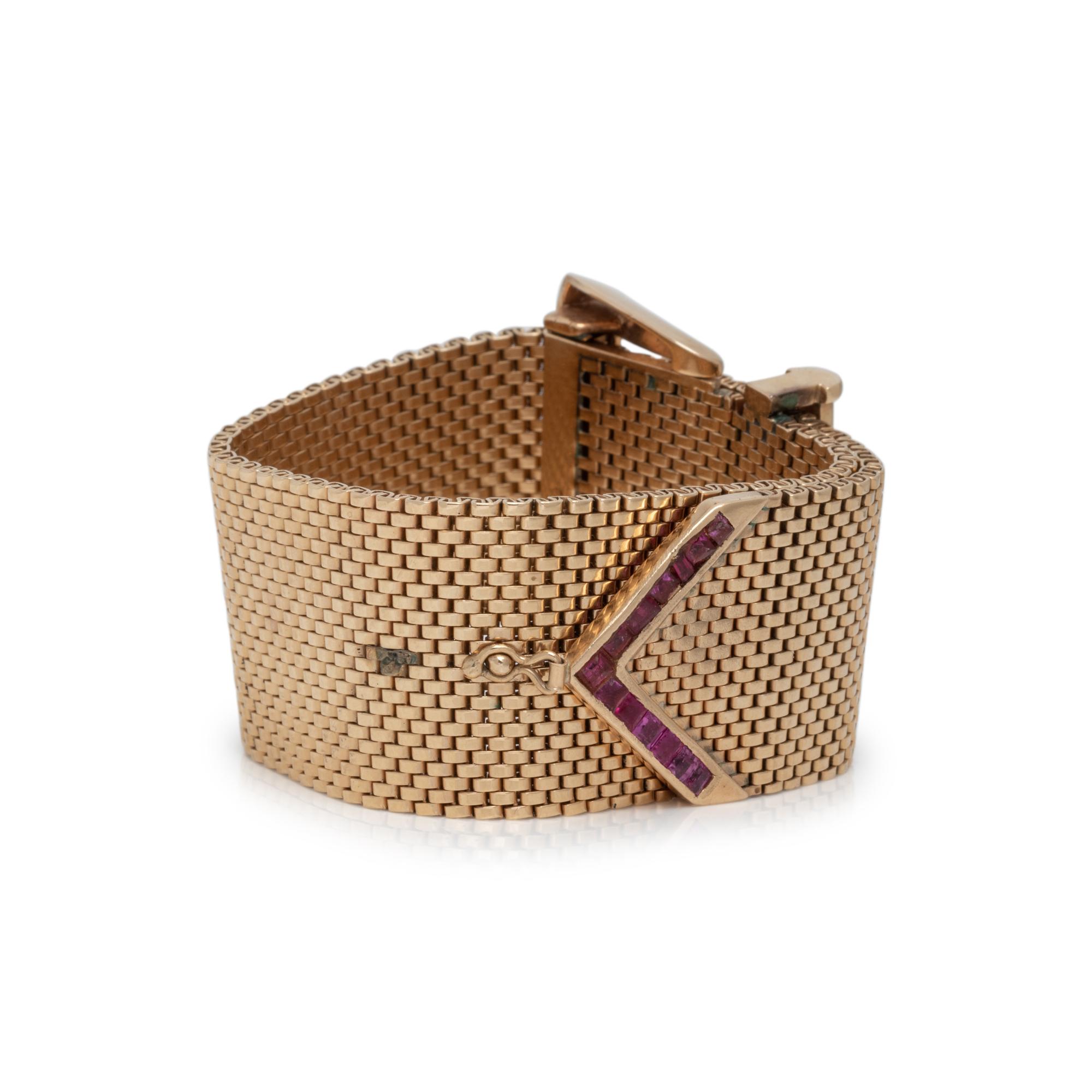 RETRO, YELLOW GOLD, RUBY AND DIAMOND BELT MOTIF BRACELET