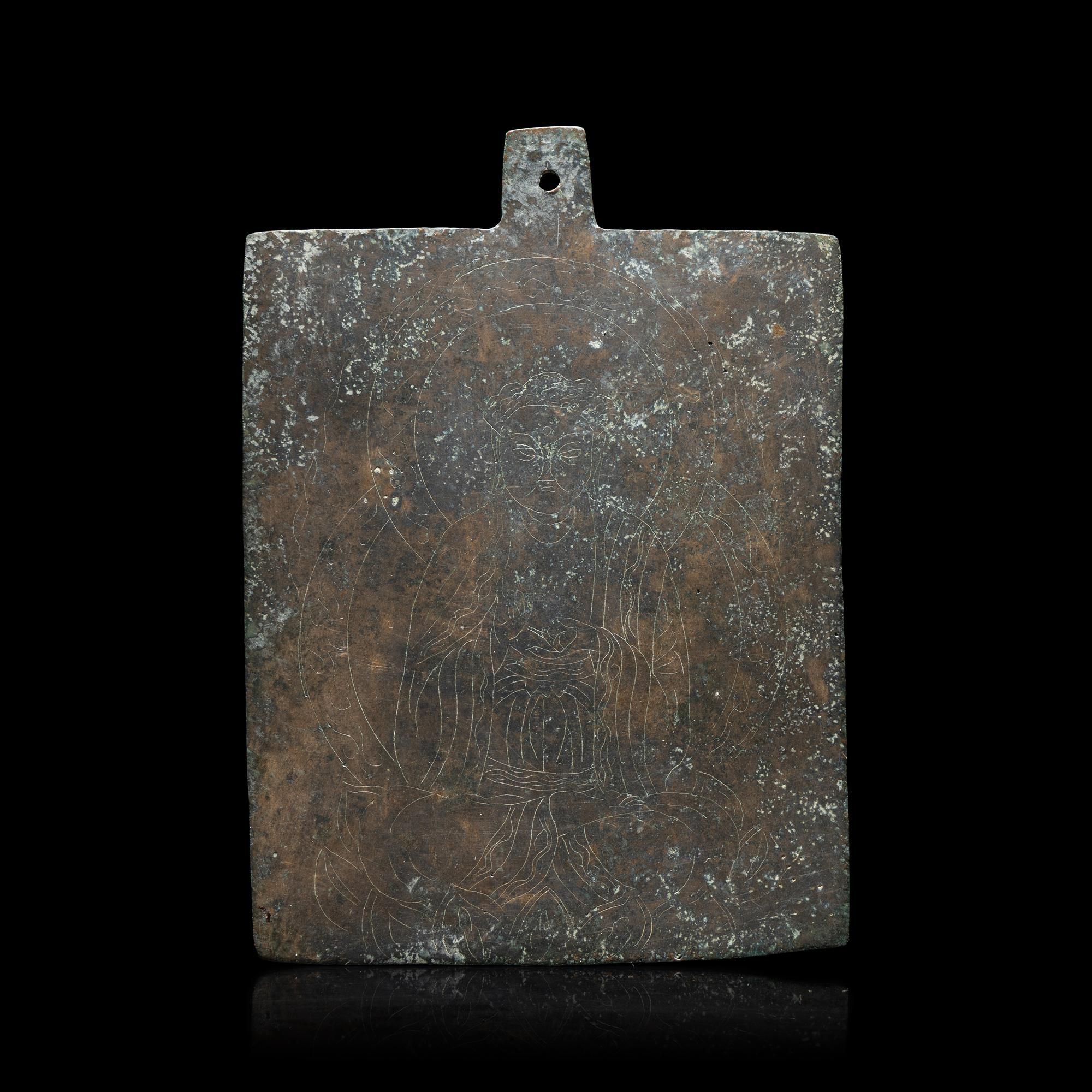 A Chinese Bronze Incised Buddhist Votive Plaque, Liao-Jin Dynasty — 遼-金 雙面綫刻銅佛板