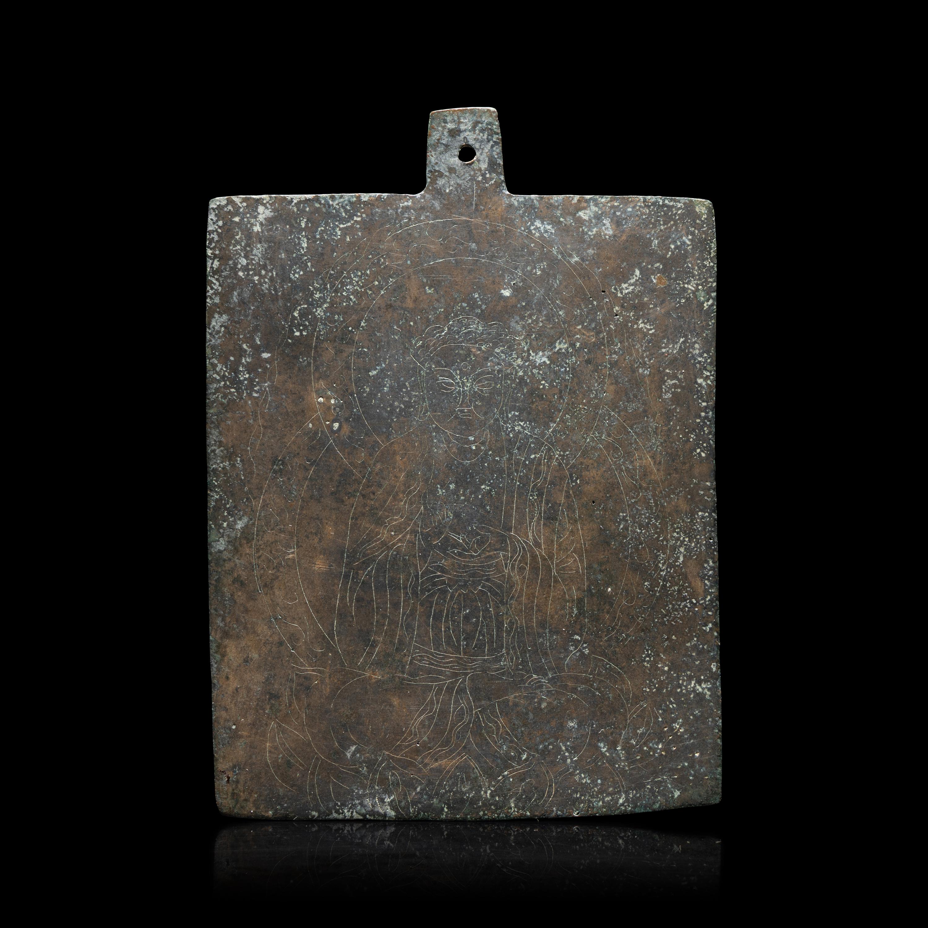 A Chinese Bronze Incised Buddhist Votive Plaque, Liao-Jin Dynasty — 遼-金 雙面綫刻銅佛板