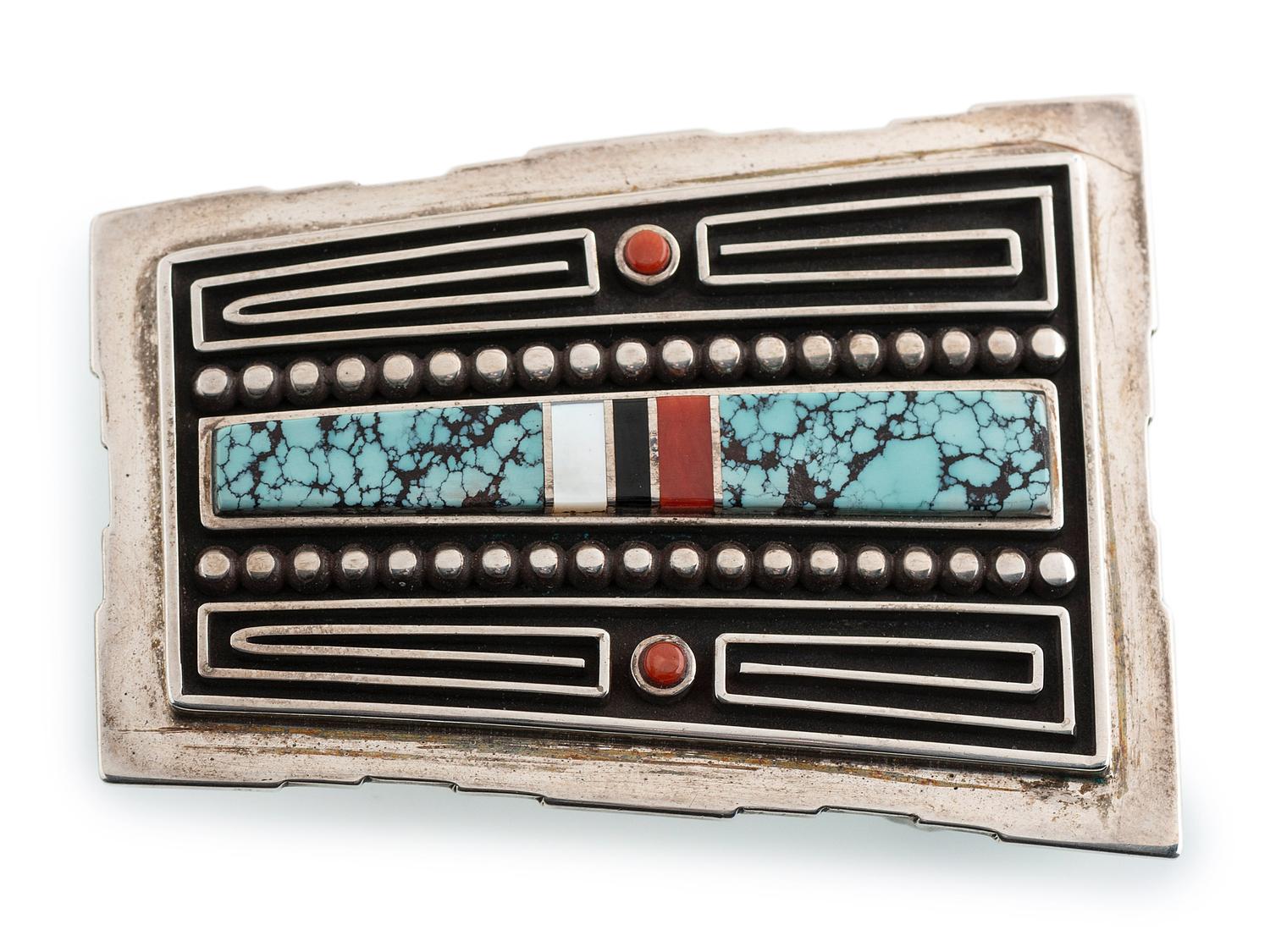 Silver Belt Buckle, with Turquoise, Coral, Jet, and Shell Inlay