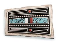 Silver Belt Buckle, with Turquoise, Coral, Jet, and Shell Inlay