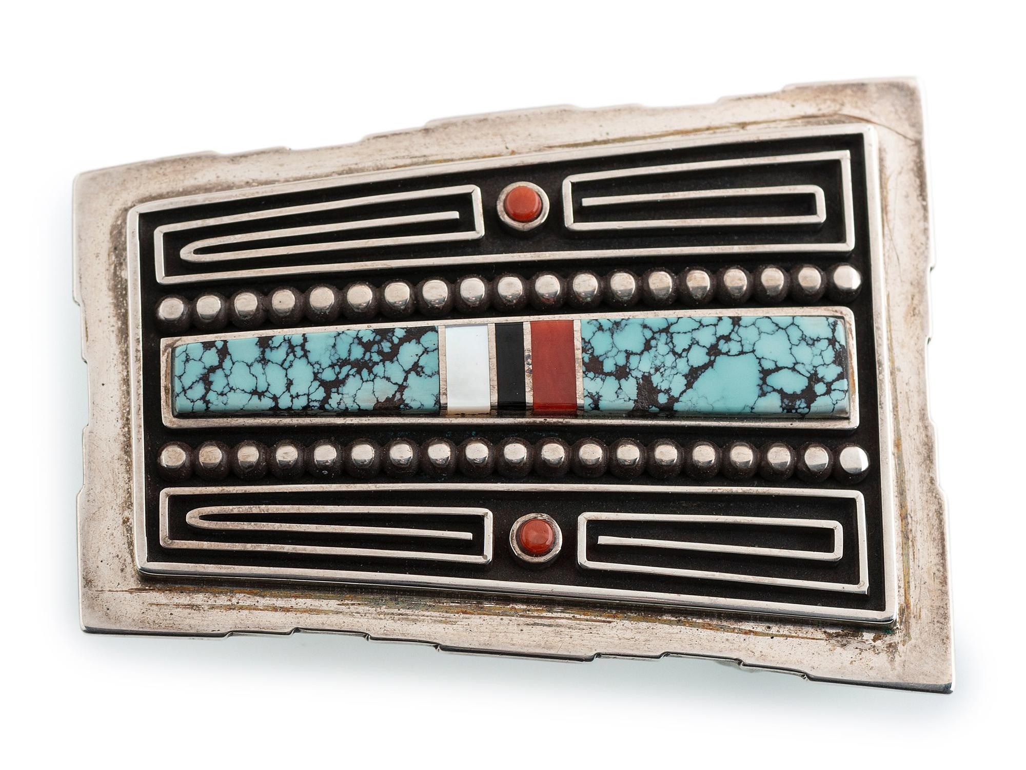 Silver Belt Buckle, with Turquoise, Coral, Jet, and Shell Inlay