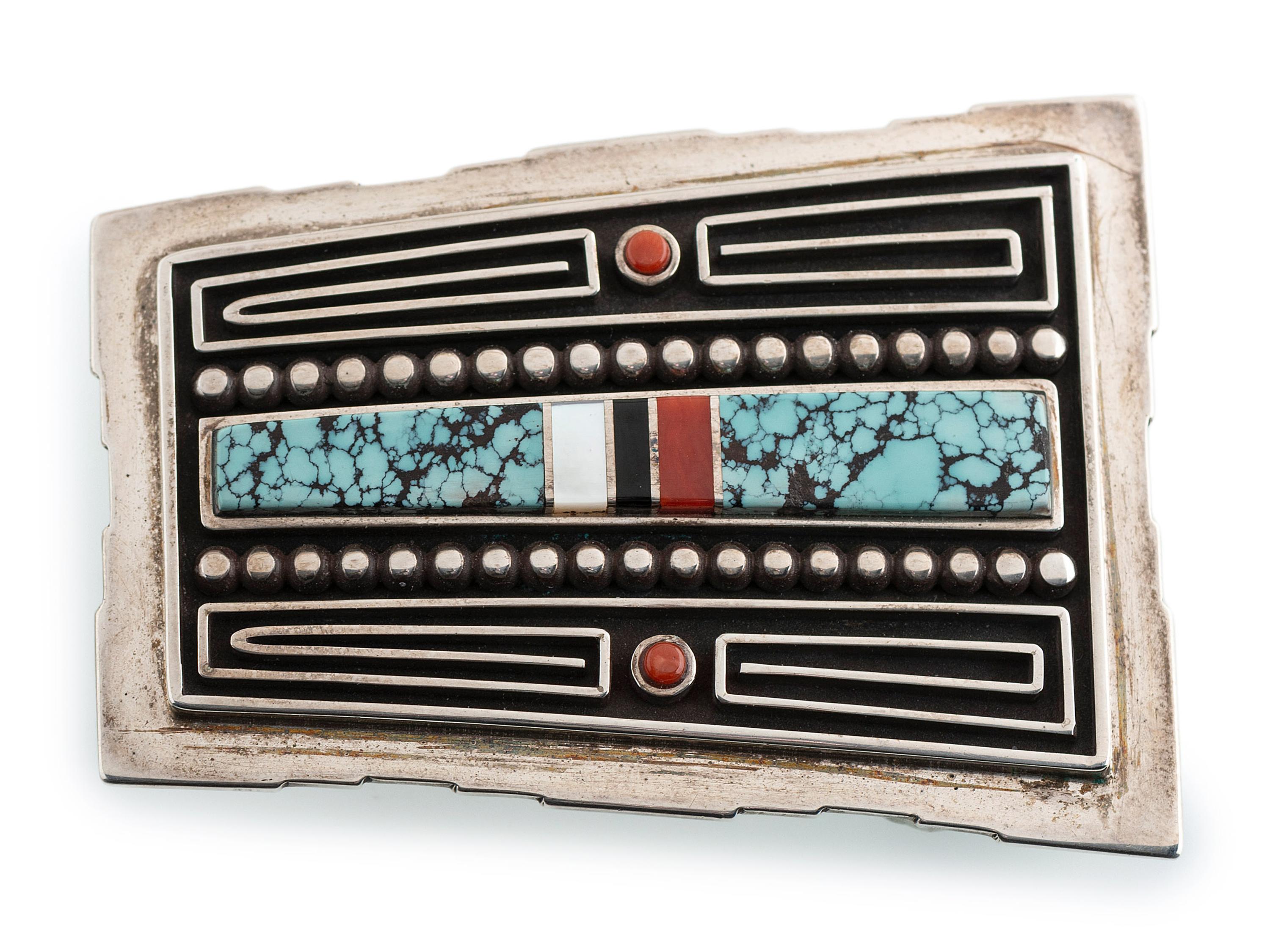 Silver Belt Buckle, with Turquoise, Coral, Jet, and Shell Inlay