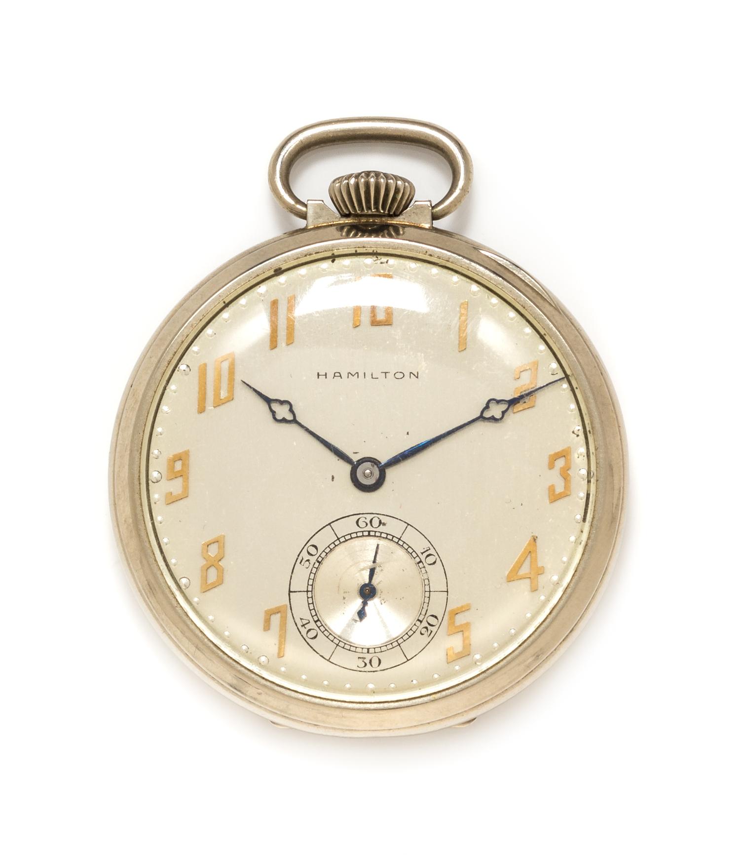 A White Gold Filled Open Face Pocket Watch, Hamilton, Circa 1930, 32.60 dwts.
