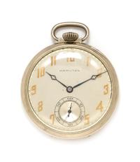 A White Gold Filled Open Face Pocket Watch, Hamilton, Circa 1930, 32.60 dwts.