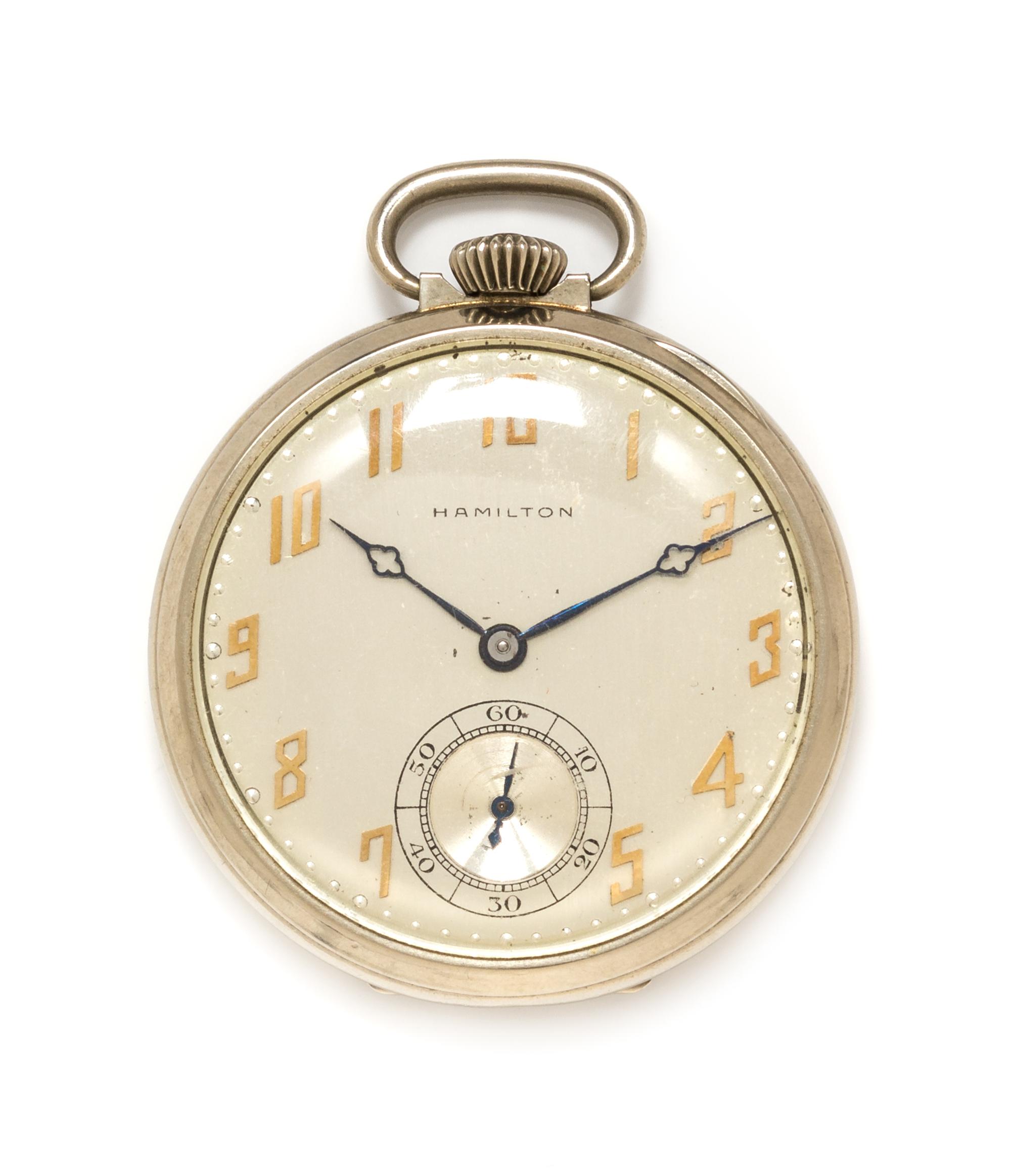 A White Gold Filled Open Face Pocket Watch, Hamilton, Circa 1930, 32.60 dwts.