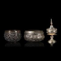 A Burmese Silver Bowl, a Silver Covered Vessel, and a Metal Bowl, Late 19th to 20th Century — 十九世紀晚期-二十世紀 緬甸銀及金屬器一組三件