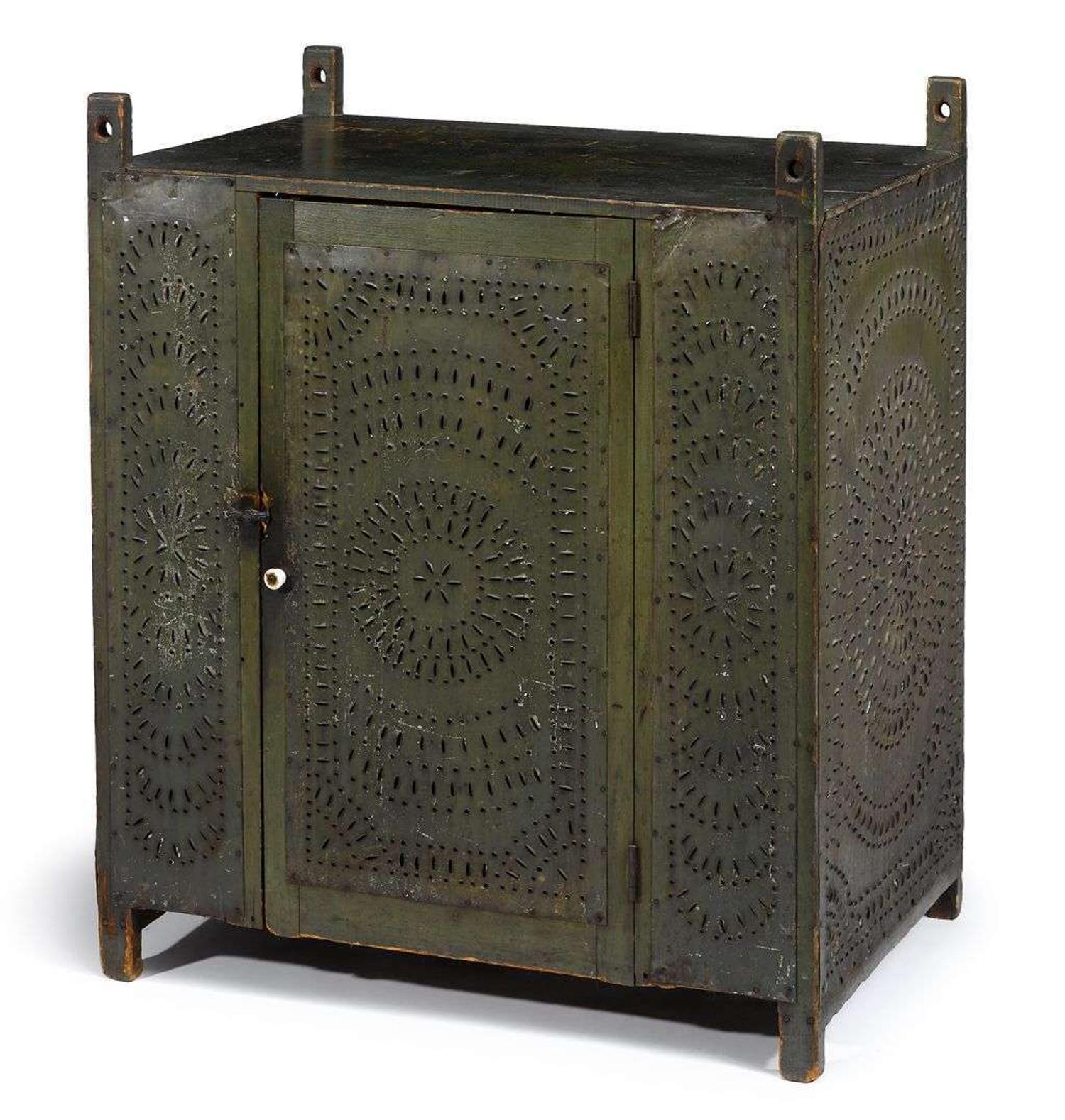 Green-painted punched tin hanging pie safe probably berks county, pa, 19th century