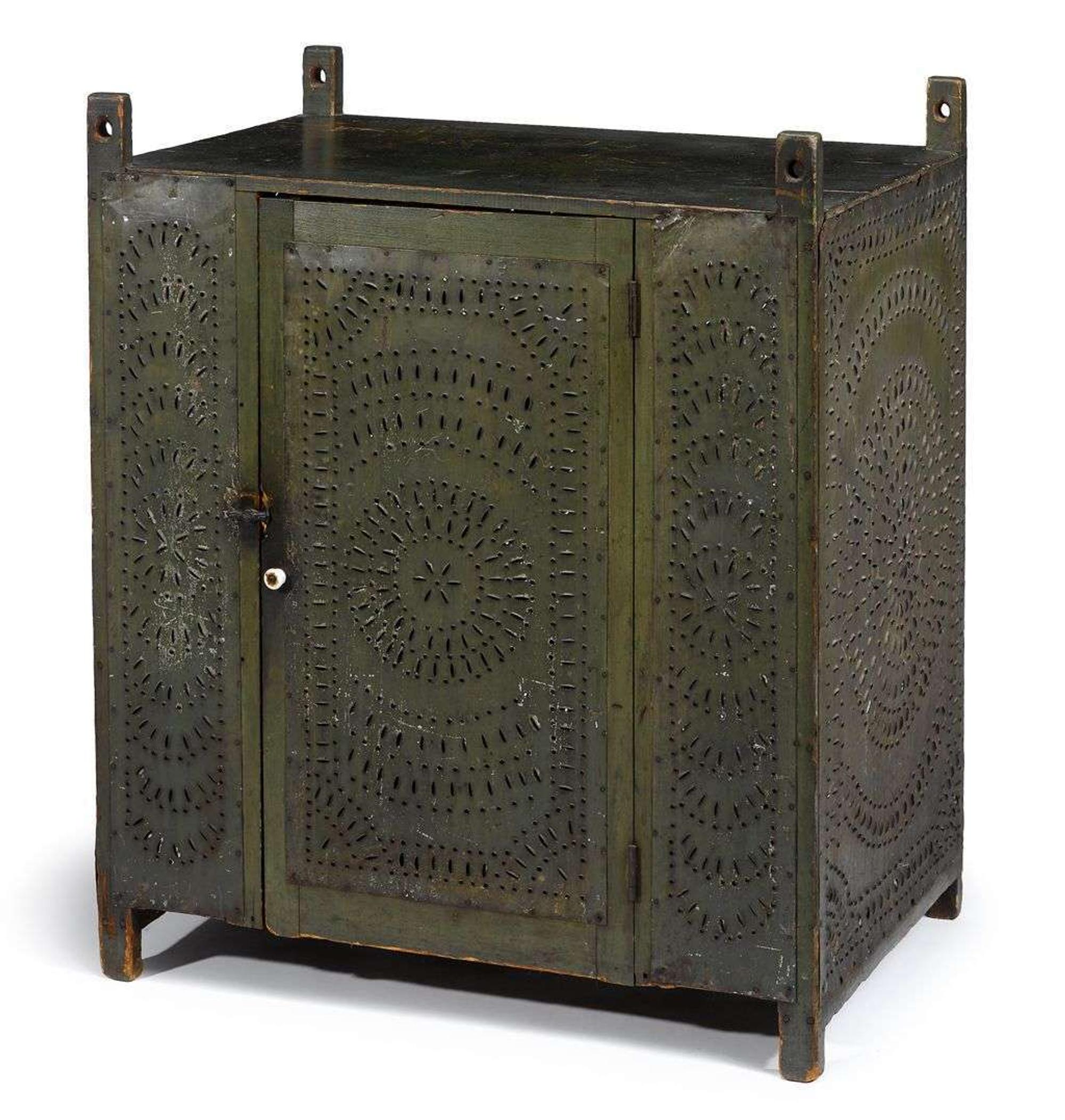Green-painted punched tin hanging pie safe probably berks county, pa, 19th century