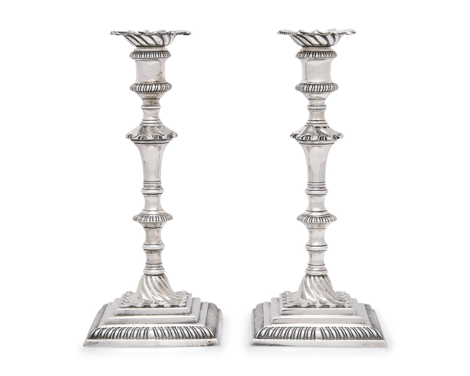 A Pair of George III Sterling Silver Candlesticks Bearing an Armorial Crest for the Morgan Family