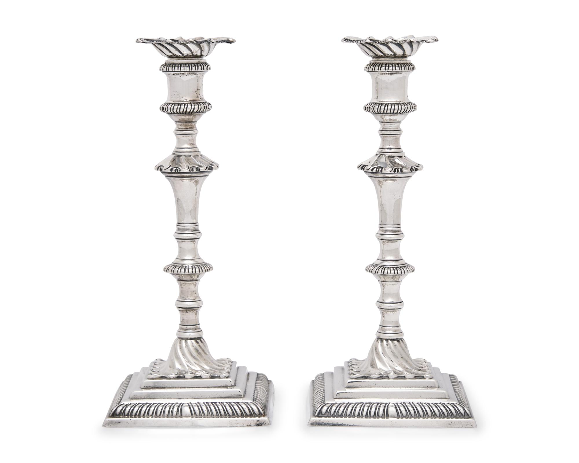 A Pair of George III Sterling Silver Candlesticks Bearing an Armorial Crest for the Morgan Family