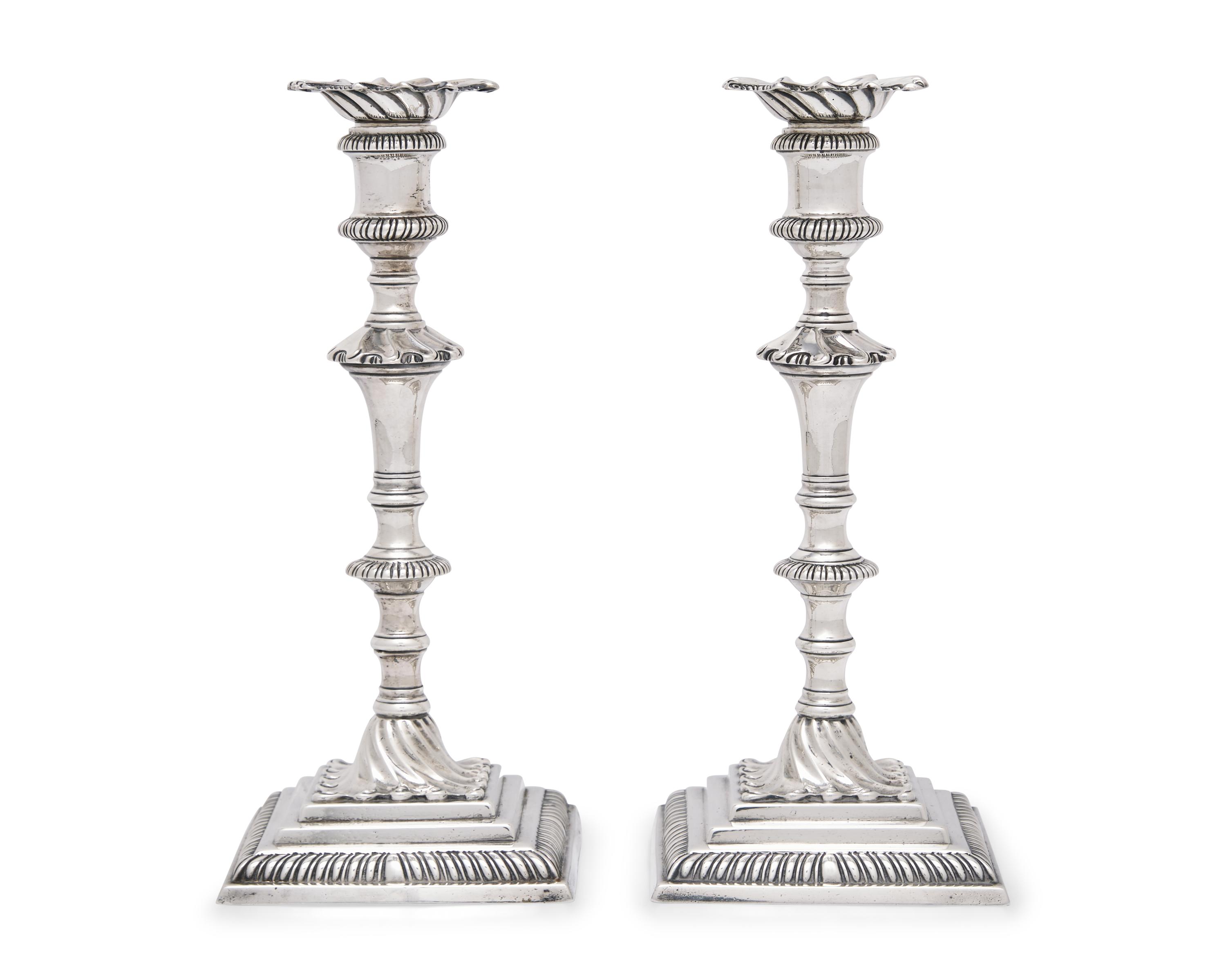 A Pair of George III Sterling Silver Candlesticks Bearing an Armorial Crest for the Morgan Family