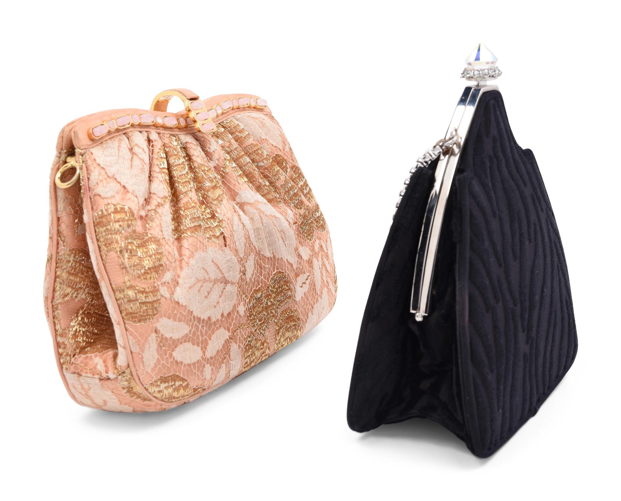 Two Judith Leiber Shoulder Bags: One Velvet and One Satin with Lace