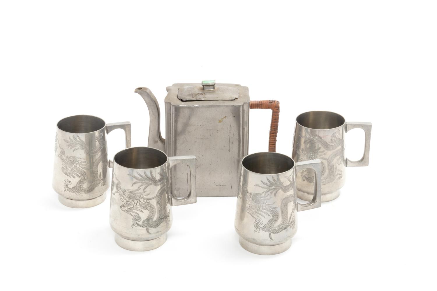 Five Chinese Pewter Tea Wares Height of tallest 5 1/2 inches.