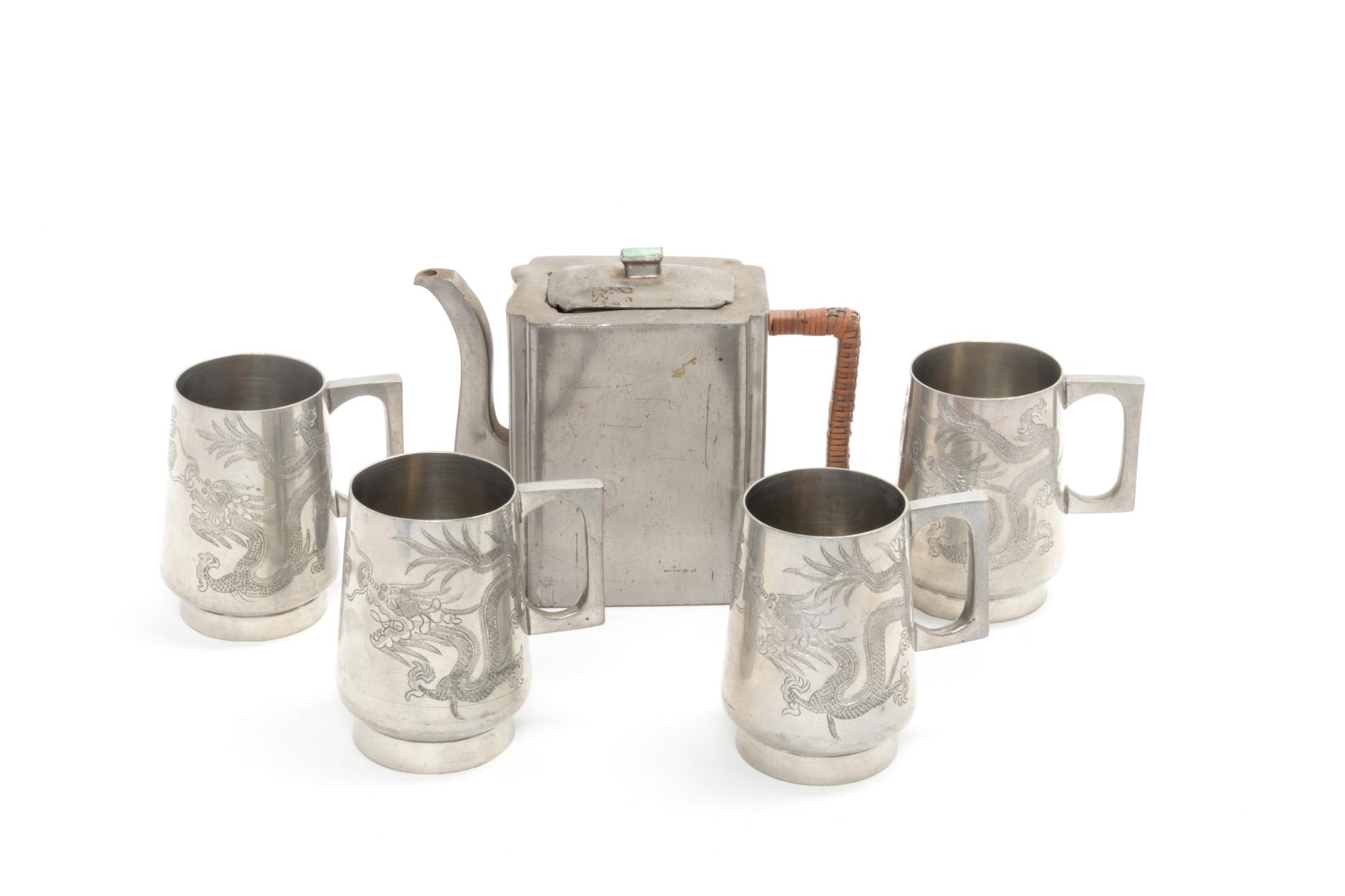 Five Chinese Pewter Tea Wares Height of tallest 5 1/2 inches.