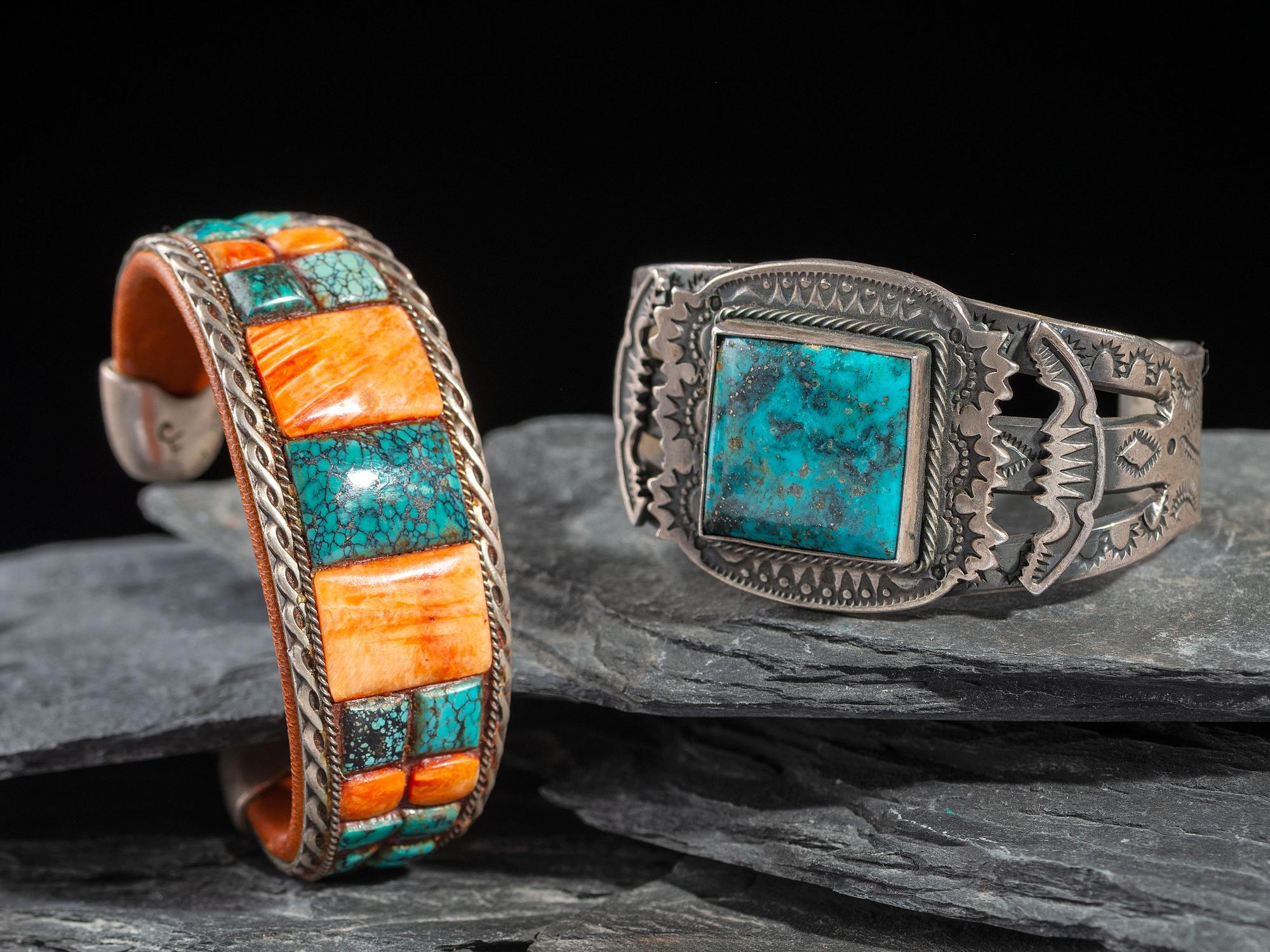 Southwestern-style Silver, Spiny Oyster, and Turquoise Cuff Bracelet, PLUS