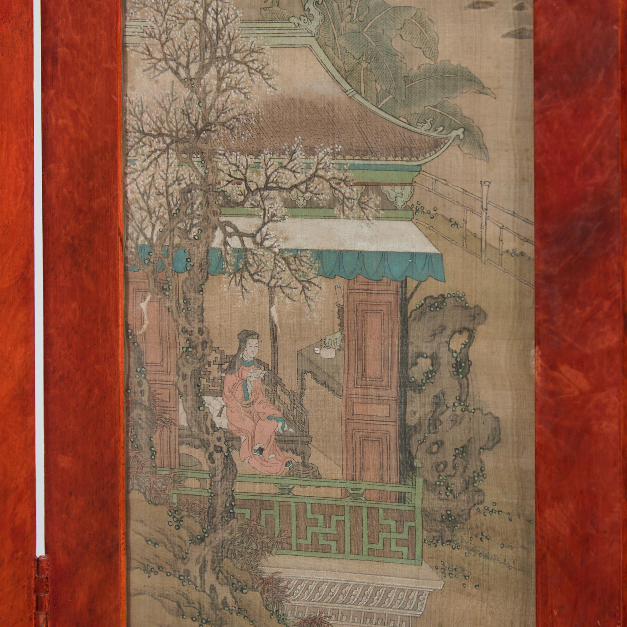 A Chinese Ink and Color on Silk Painting Inset Four-Panel Wood Floor Screen, Painting by Gu Luo (1763-1837) 顧洛（清嘉慶-道光，1763-1837）繪絹本人物圖四扇屏