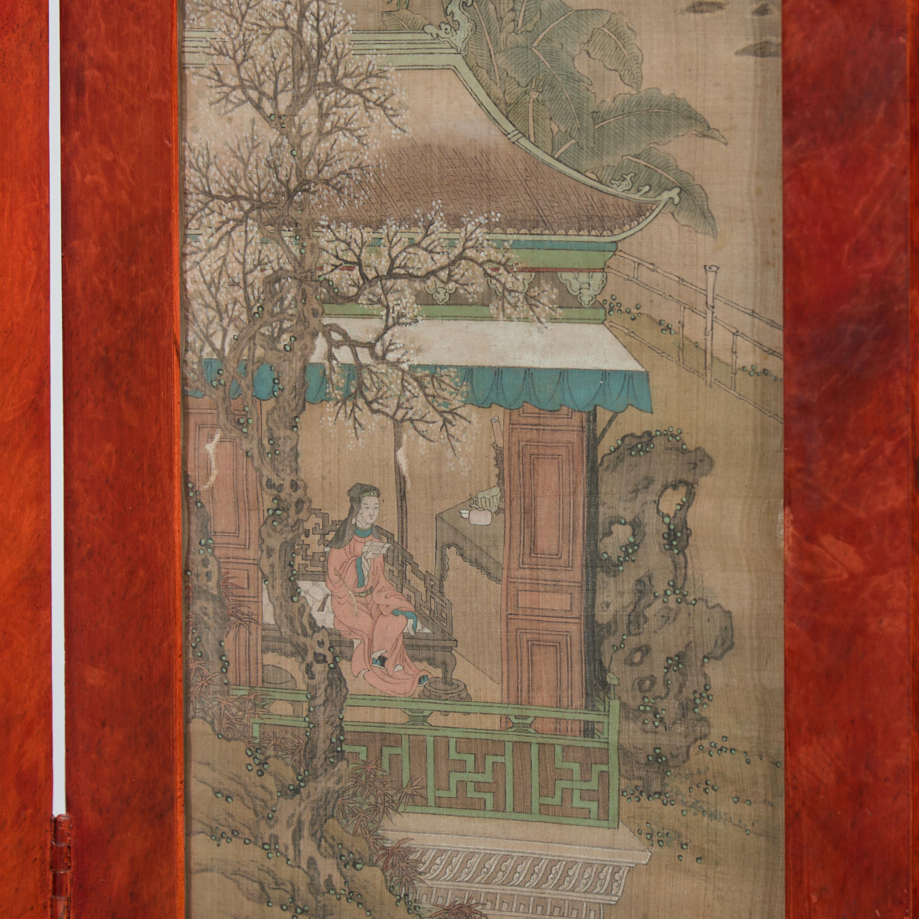 A Chinese Ink and Color on Silk Painting Inset Four-Panel Wood Floor Screen, Painting by Gu Luo (1763-1837) 顧洛（清嘉慶-道光，1763-1837）繪絹本人物圖四扇屏