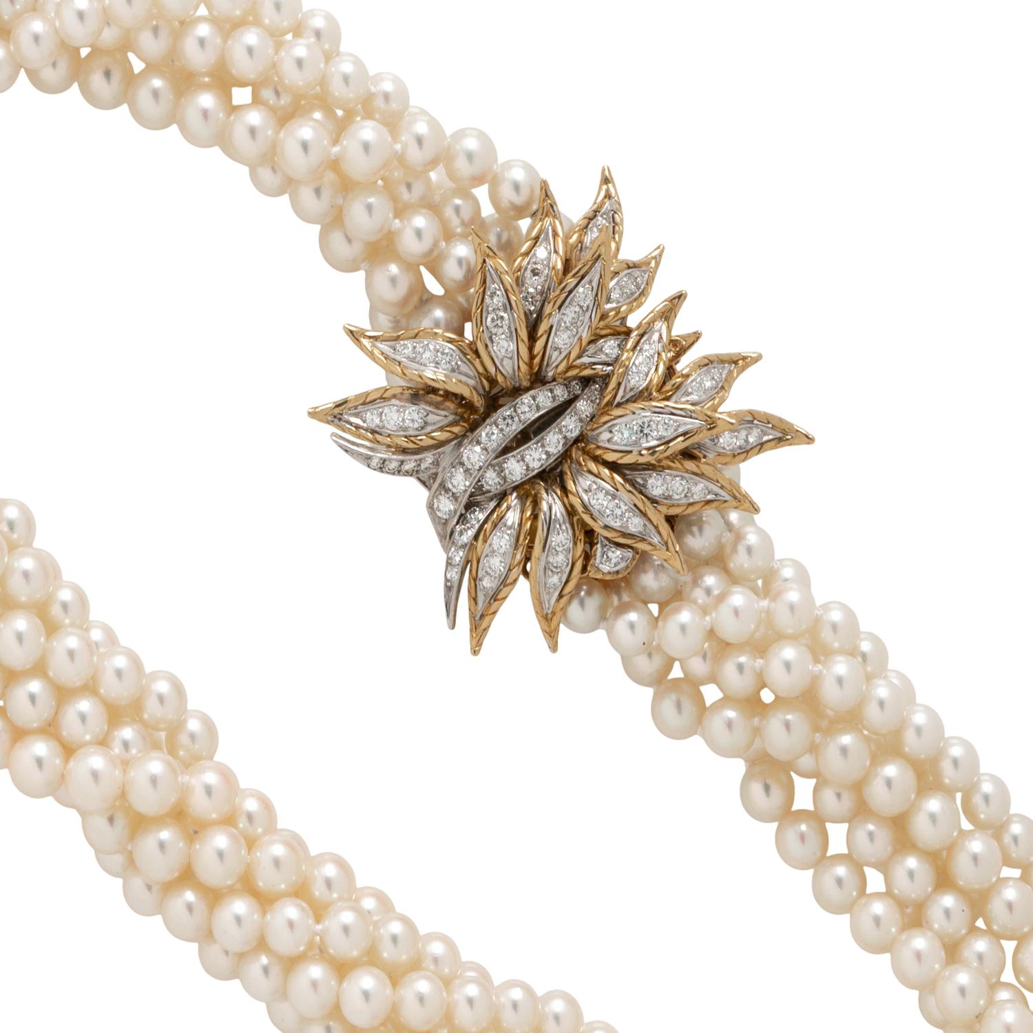 MULTISTRAND CULTURED PEARL NECKLACE WITH BICOLOR GOLD AND DIAMOND CLASP