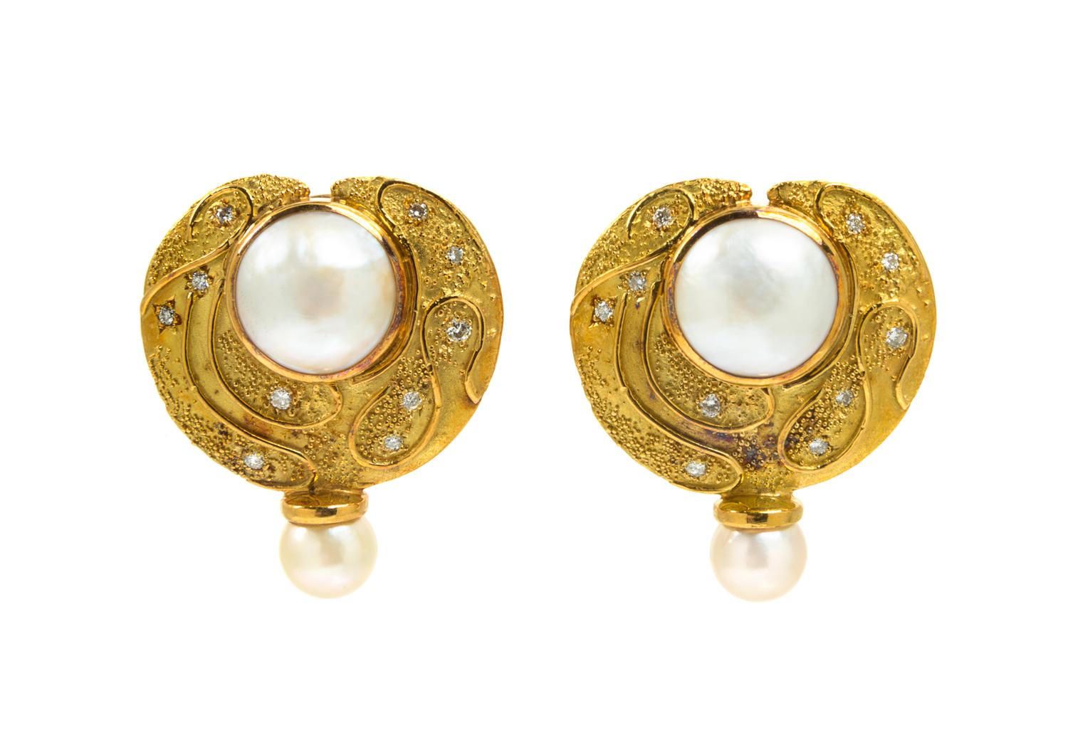 A Pair of 18 Karat Yellow Gold, Mabe Pearl, Cultured Pearl and Diamond Earclips, Elizabeth Gage, 18.20 dwts.