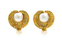 A Pair of 18 Karat Yellow Gold, Mabe Pearl, Cultured Pearl and Diamond Earclips, Elizabeth Gage, 18.20 dwts.