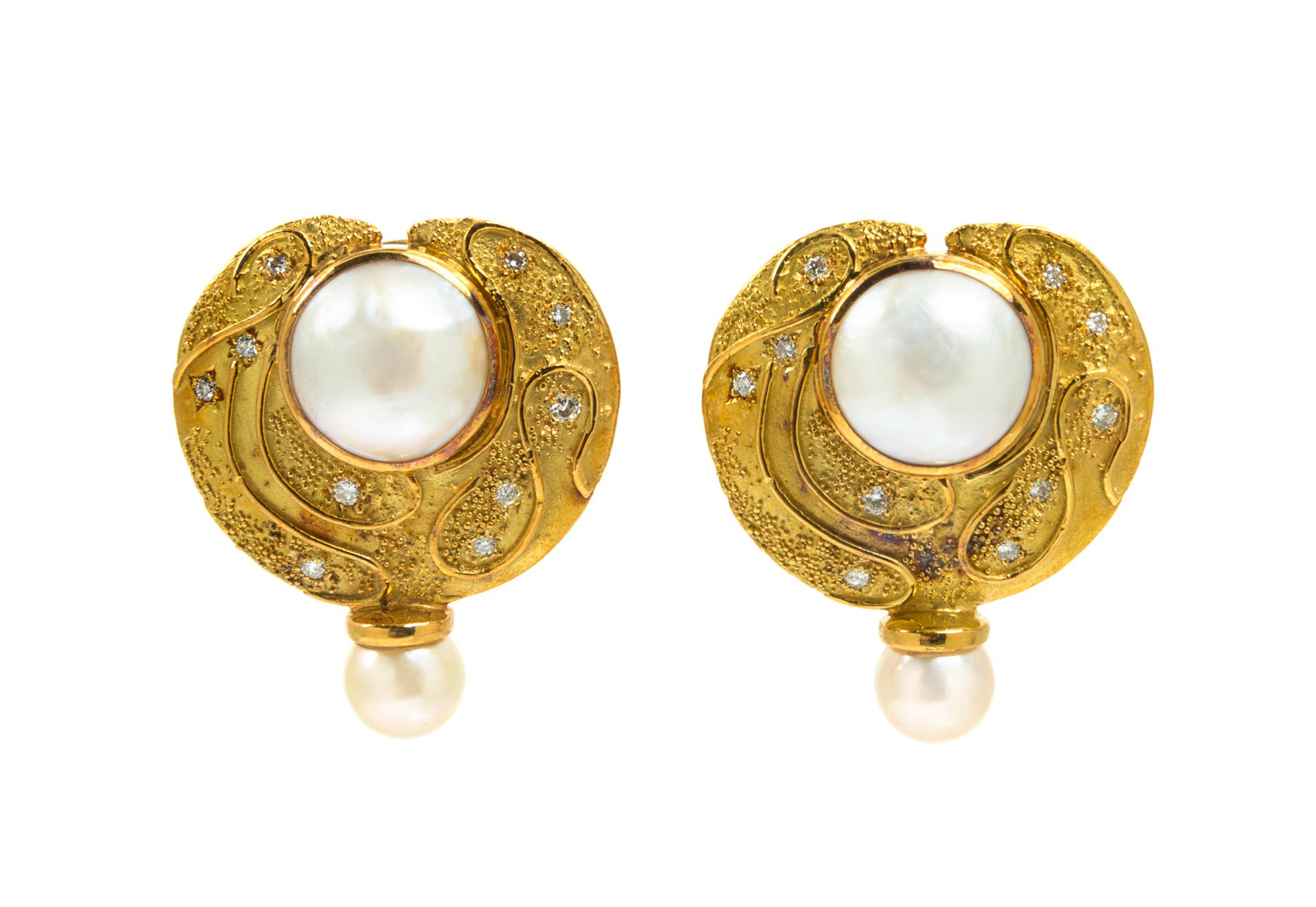 A Pair of 18 Karat Yellow Gold, Mabe Pearl, Cultured Pearl and Diamond Earclips, Elizabeth Gage, 18.20 dwts.