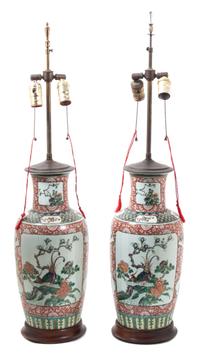 A Pair of Famille Verte Porcelain Vases Height 33 inches. — 20TH CENTURY