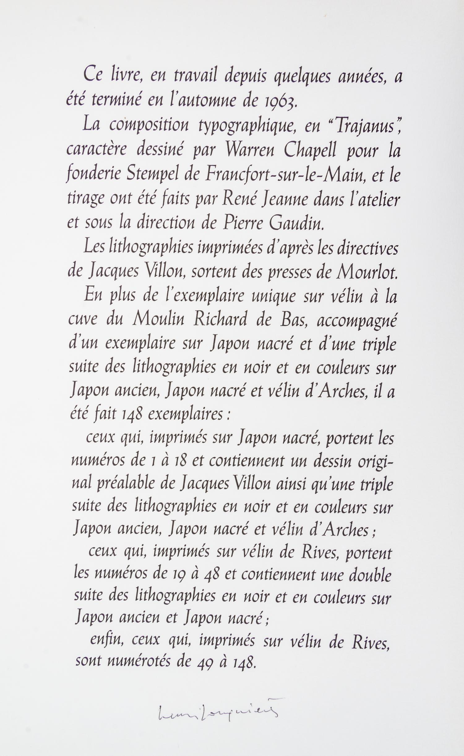 (VILLON, JACQUES) VILLON, FRANCOIS. Le grand testament. Paris, 1963. Limited, signed, with two additional suites.